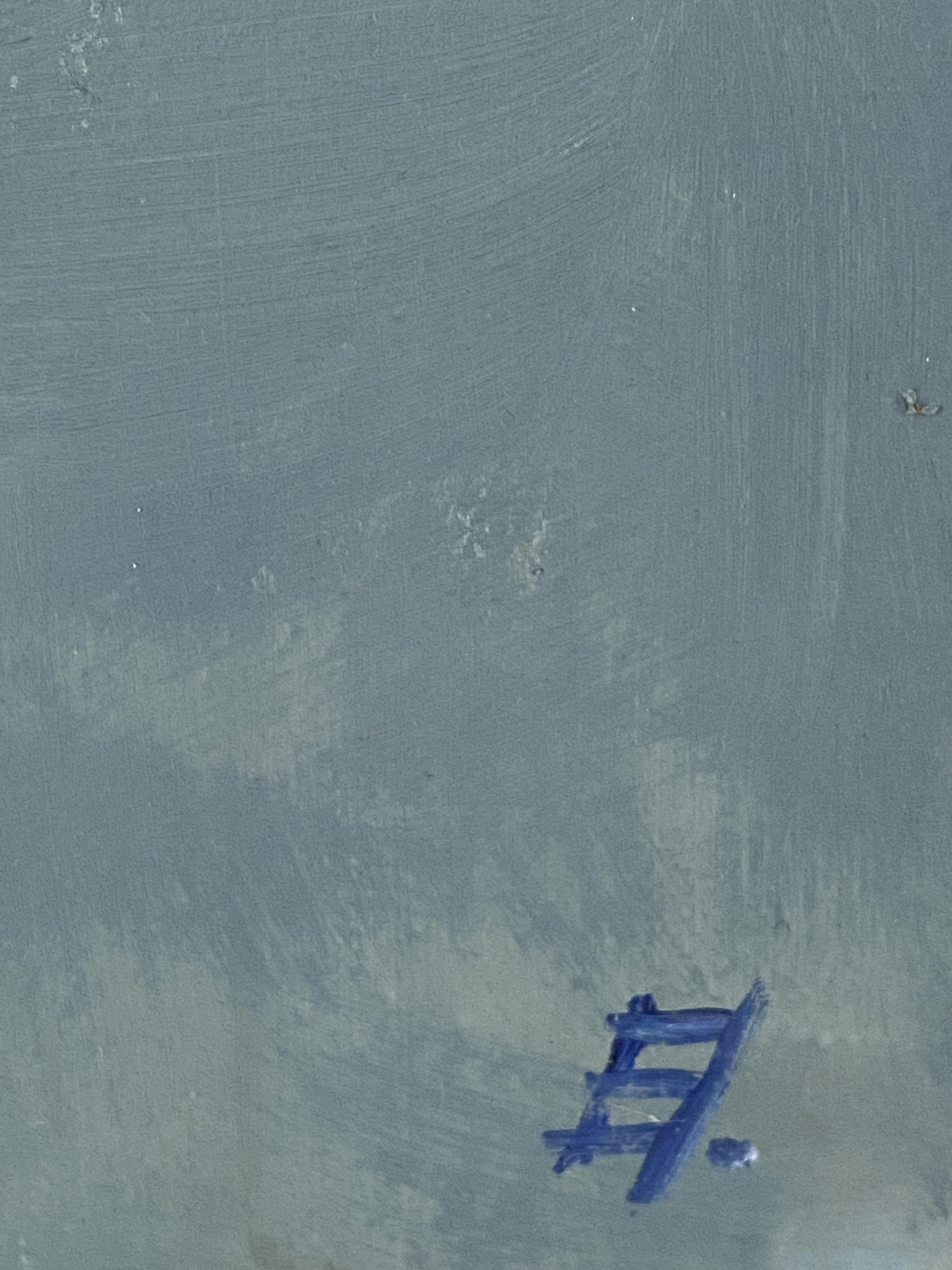 Still Life with Cat and Teapot, oil on canvas painting, wall decor, blue mood For Sale 1