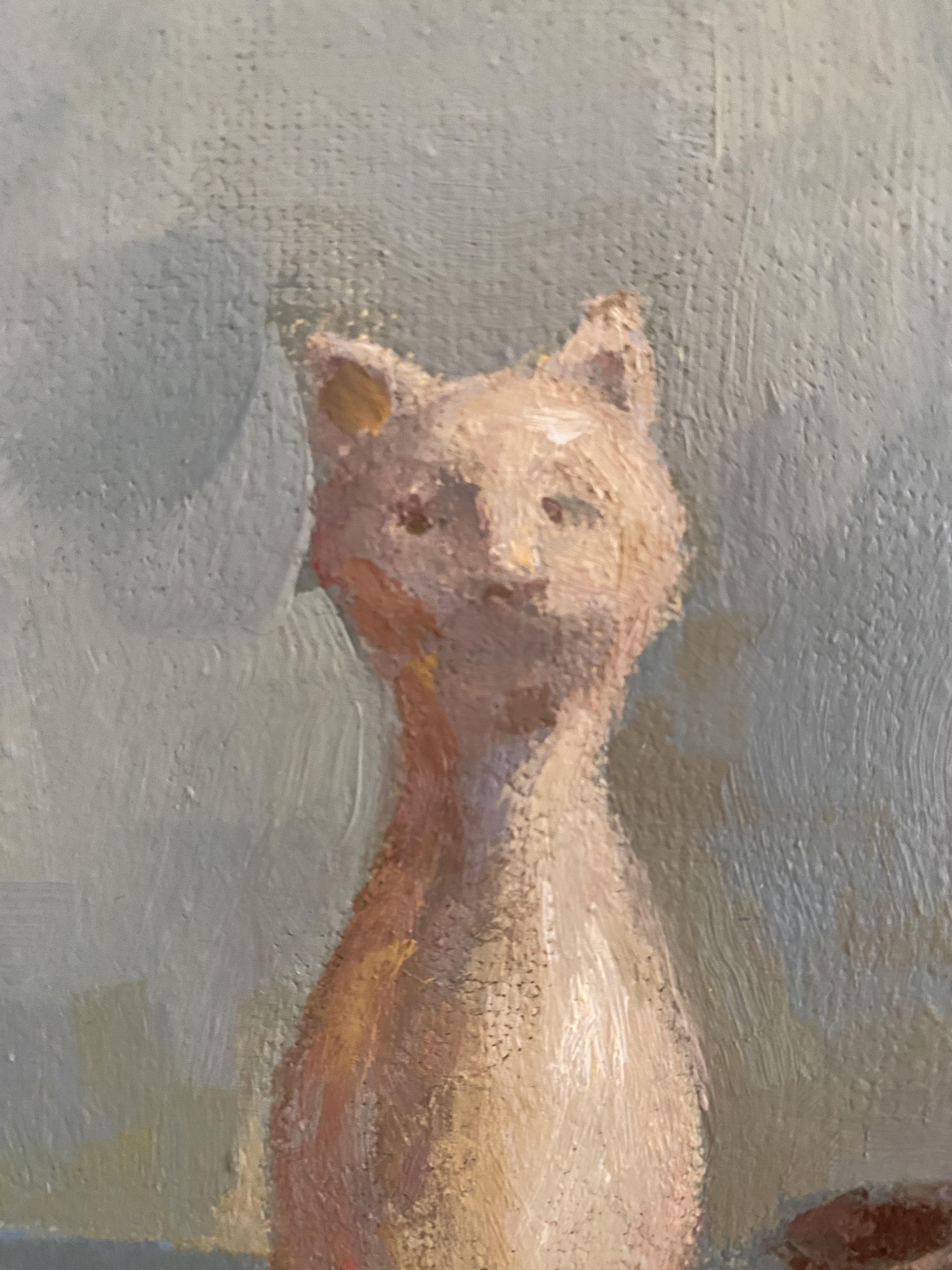 Still Life with Cat and Teapot, oil on canvas painting, wall decor, blue mood For Sale 3