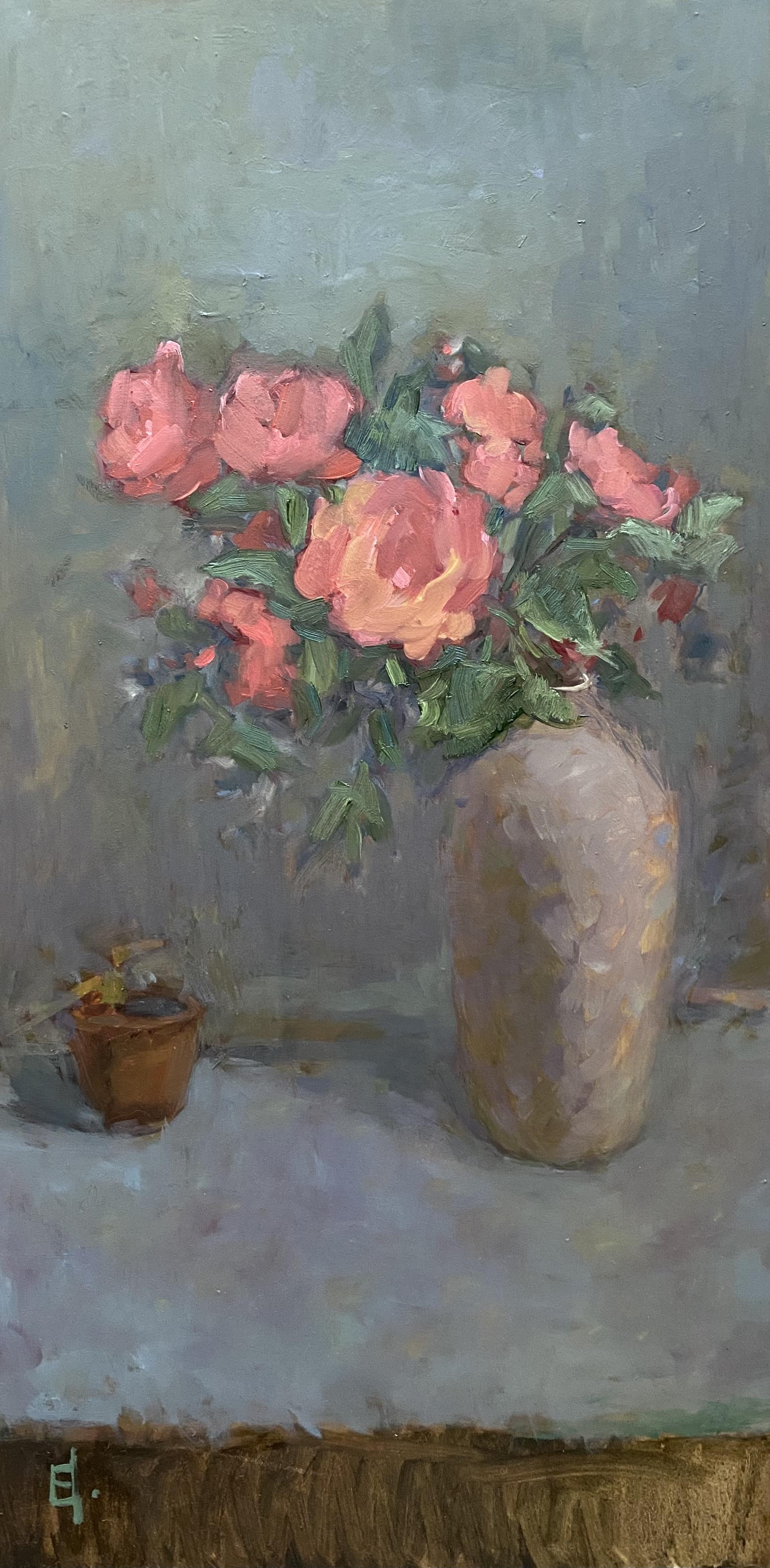 Stilleben mit Coral Roses. Blumen, Impressionisten Ölgemälde, weiche Farbe