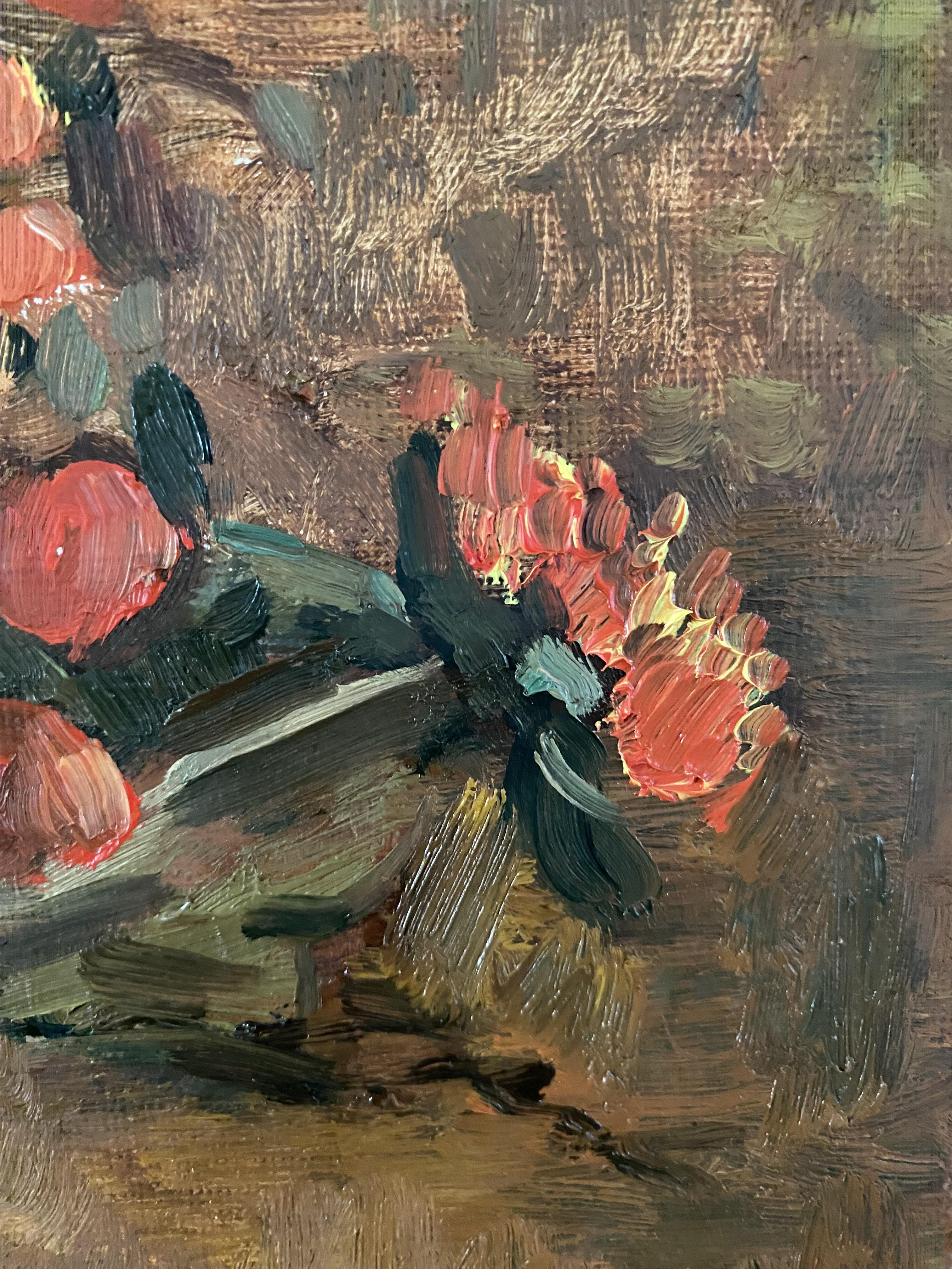 Stillleben mit Gerbera und Rosen Öl auf Leinwand Impressionismus Kunst Blumen (Braun), Still-Life Painting, von Elena Bulatova