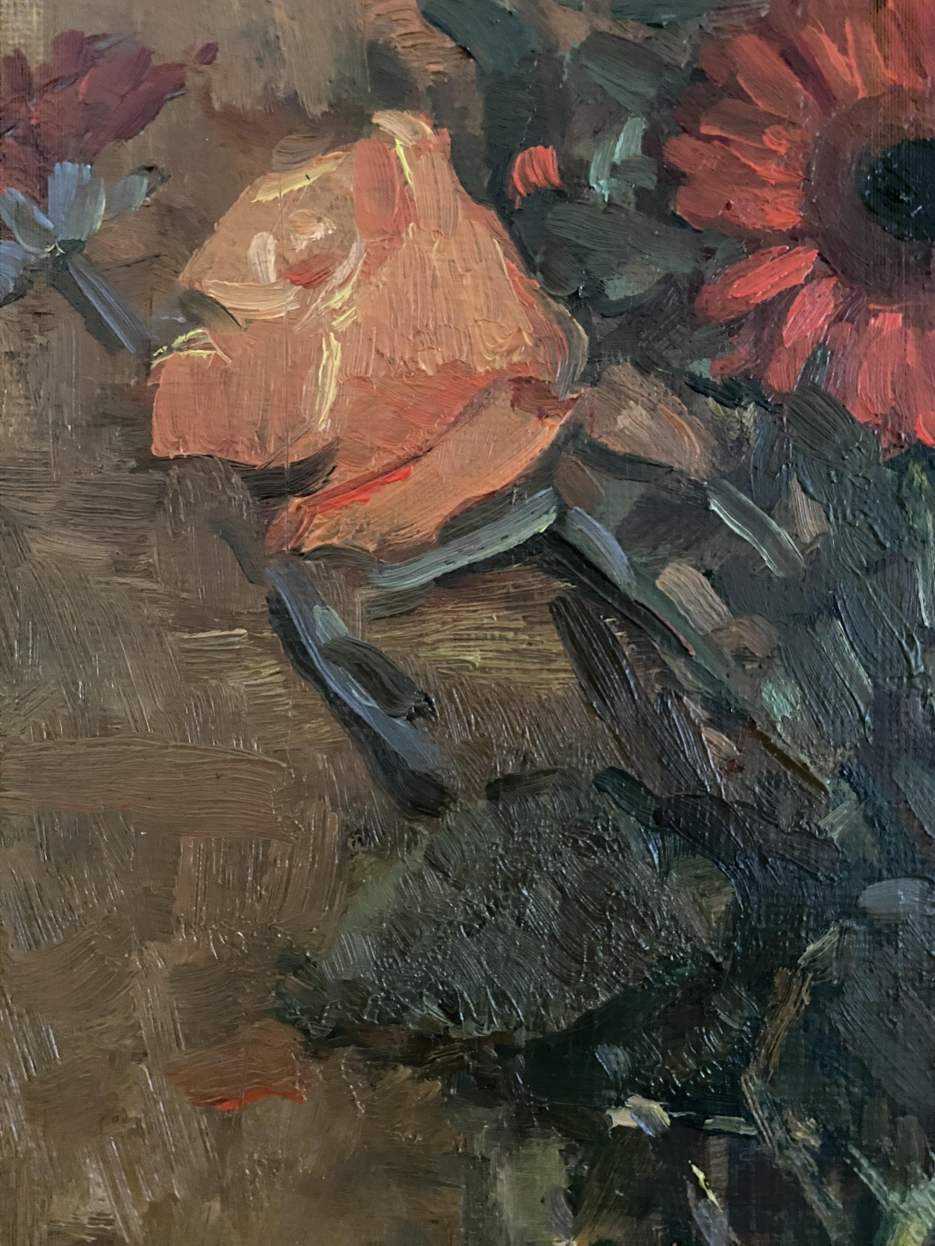 Stillleben mit Gerbera und Rosen Öl auf Leinwand Impressionismus Kunst Blumen im Angebot 1