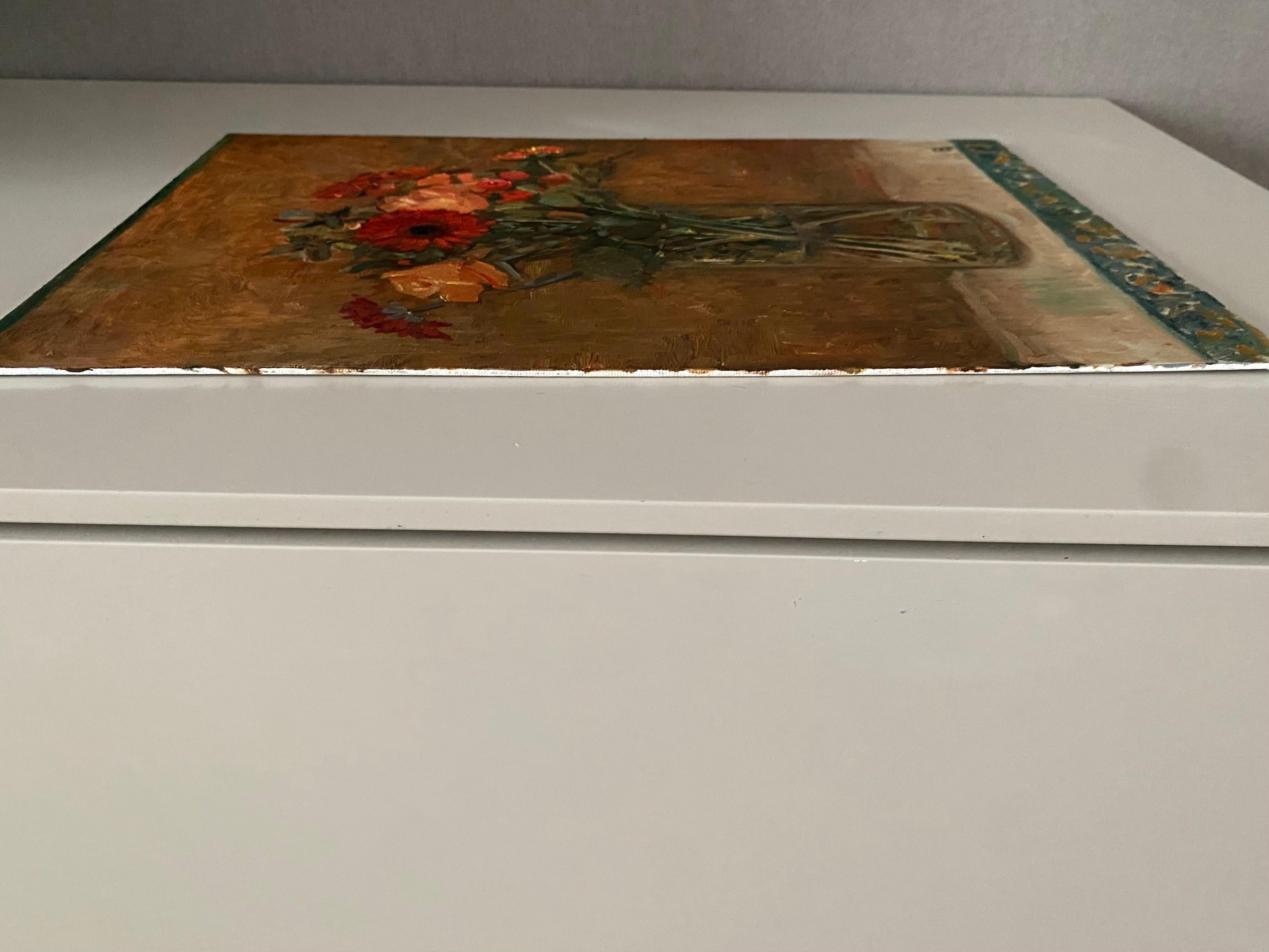 Stillleben mit Gerbera und Rosen Öl auf Leinwand Impressionismus Kunst Blumen im Angebot 4