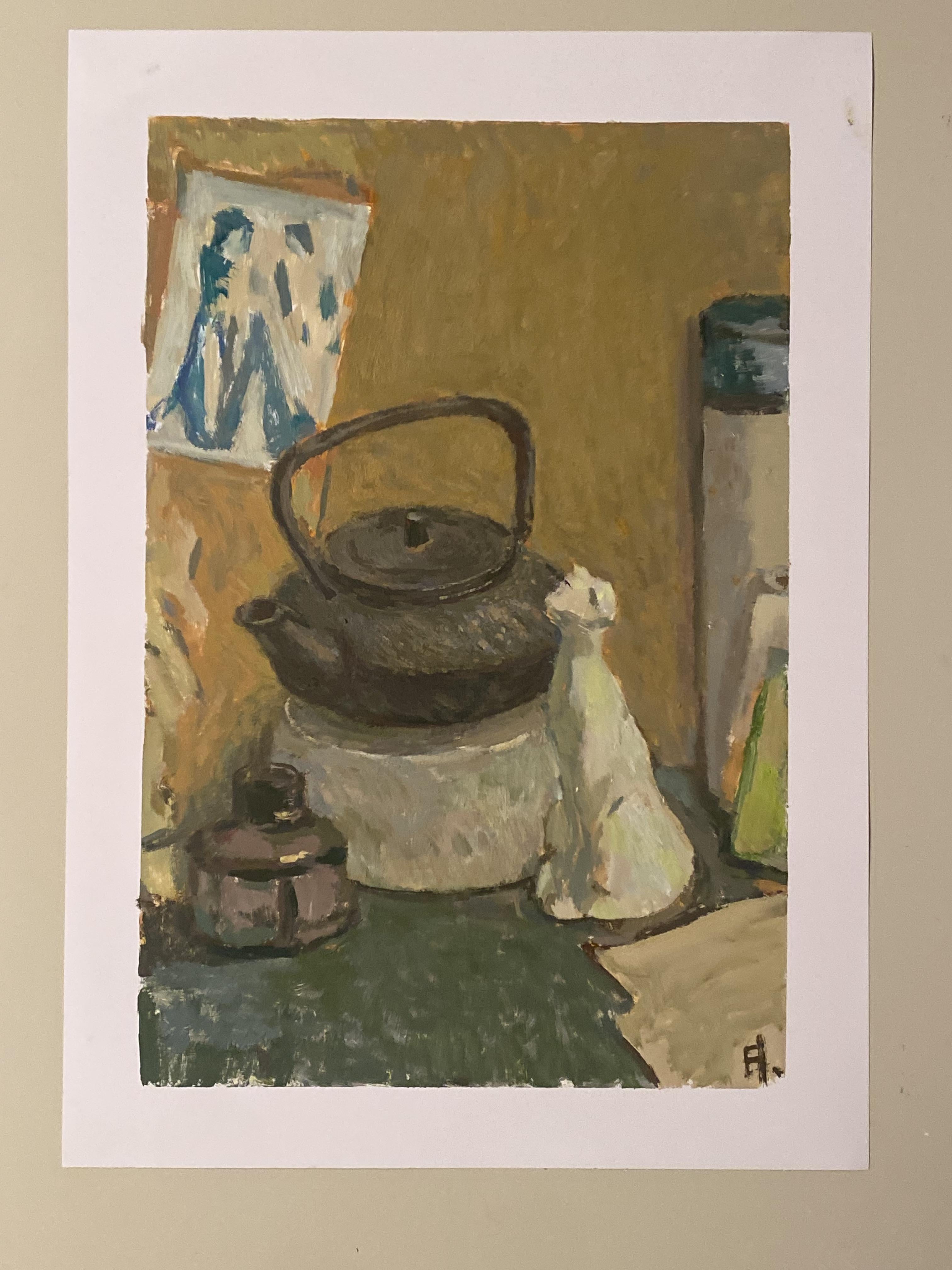 Stilleben mit Porzellankatze stillleben ölgemälde impressionismus zeitgenössisch – Painting von Elena Bulatova