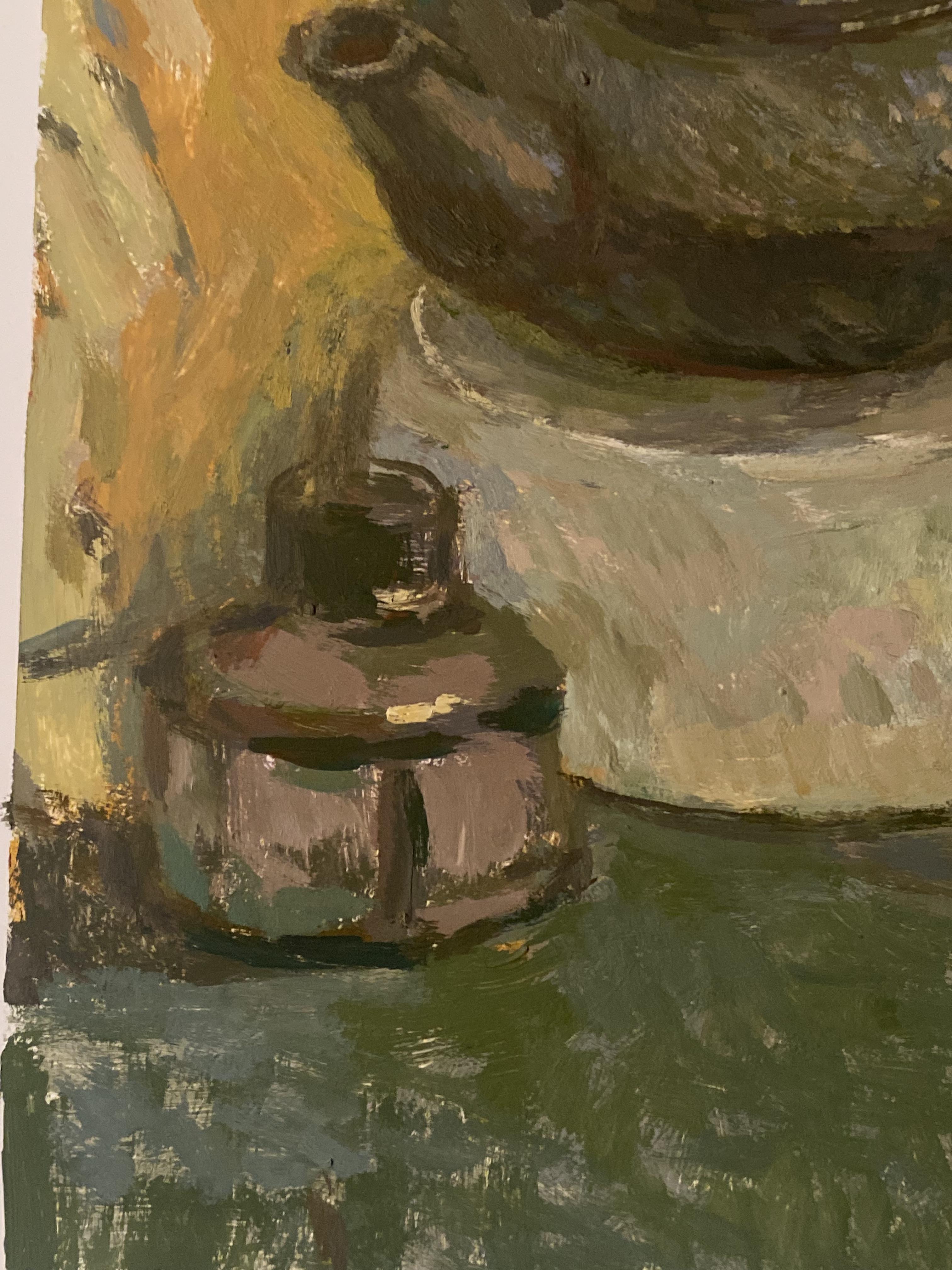 Stilleben mit Porzellankatze stillleben ölgemälde impressionismus zeitgenössisch (Braun), Still-Life Painting, von Elena Bulatova