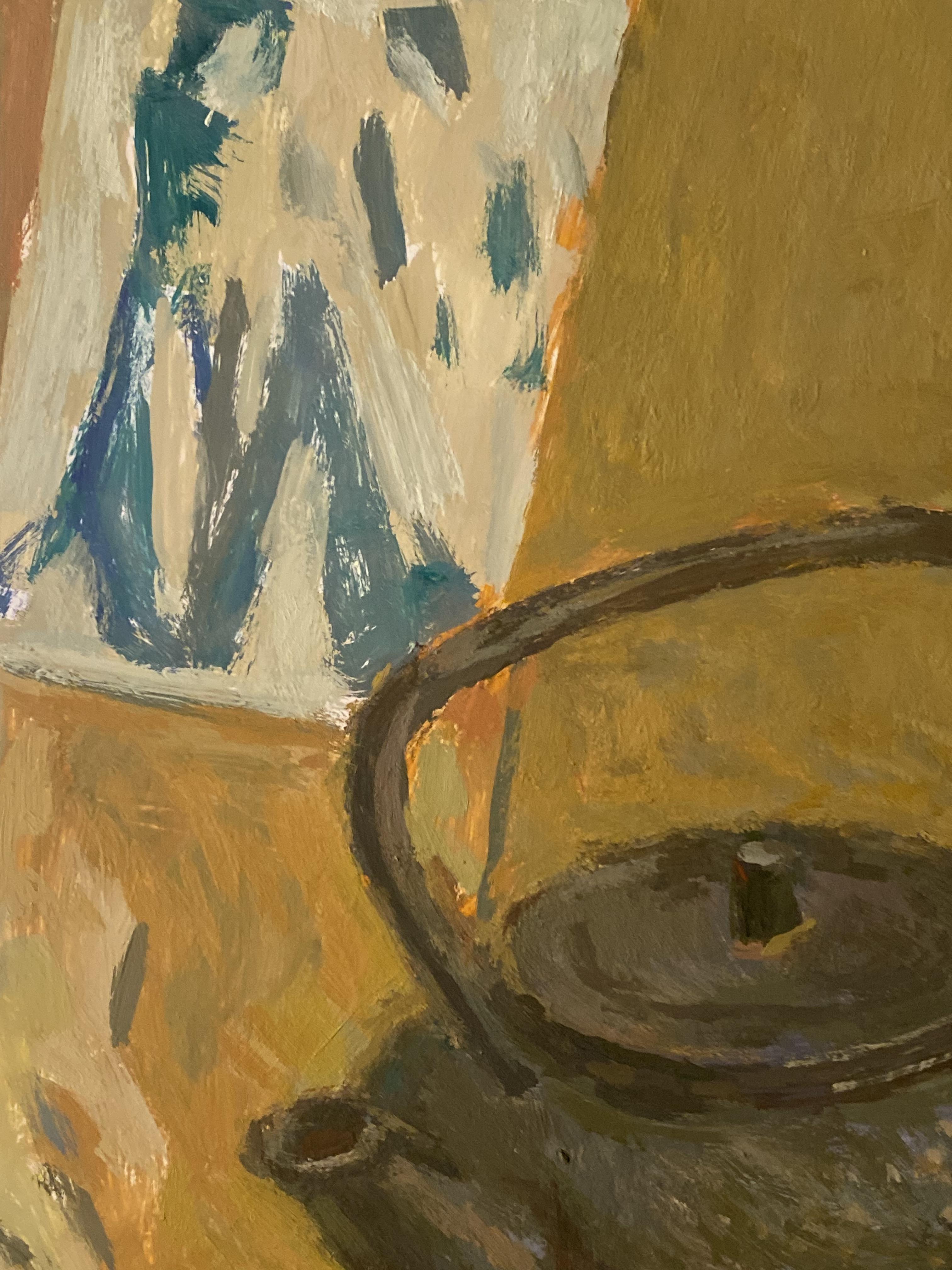 Dieses Kunstwerk ist ein kontemplatives, in Öl gemaltes Stillleben mit einem taktilen, impressionistischen Ansatz. Das auf einem A3-Blatt ausgeführte Werk vermittelt ein Gefühl von Intimität und Unmittelbarkeit - als ob der Betrachter über einen