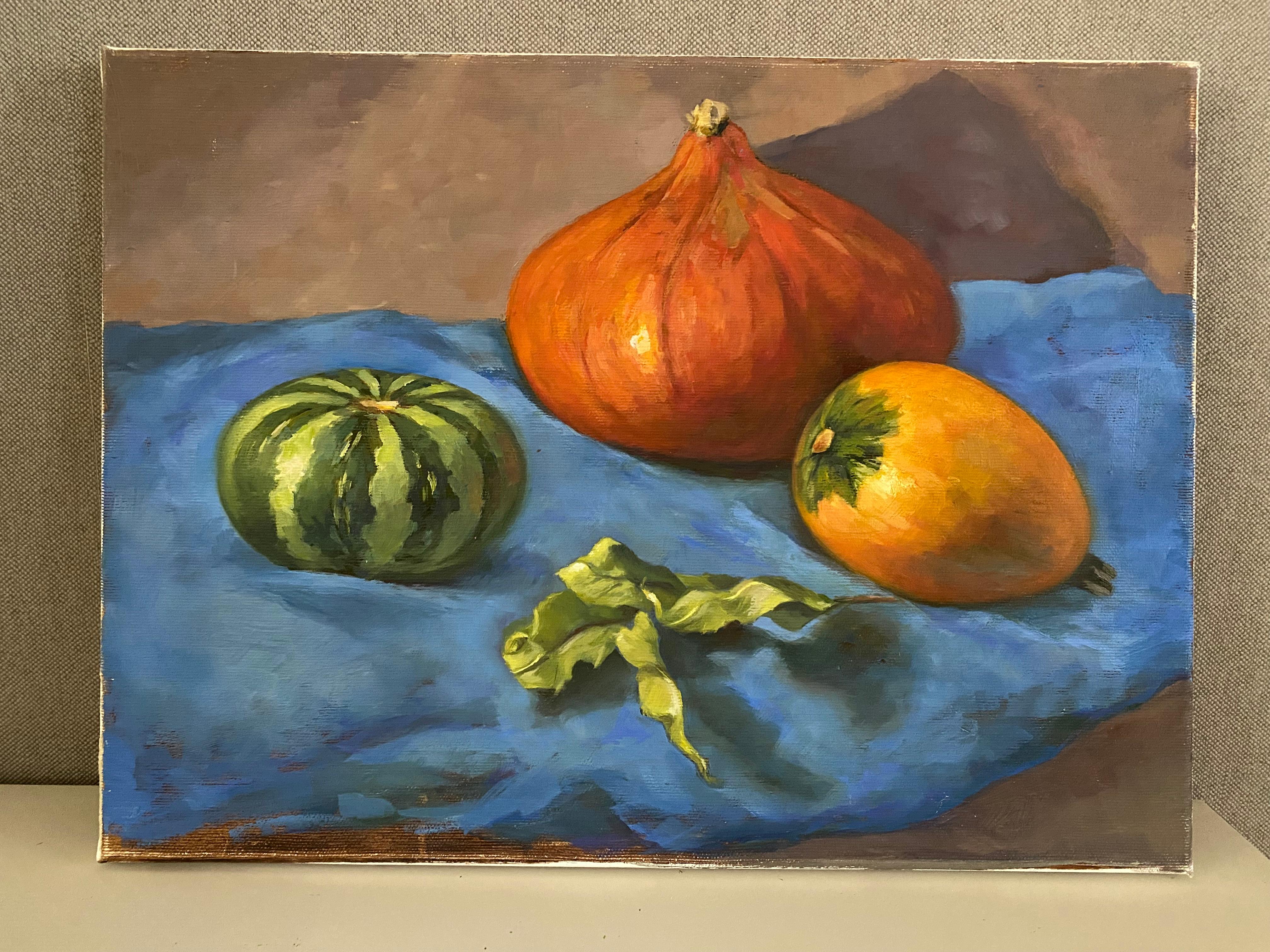 Stillleben mit Kürbissen Realismus fineart Herbst Öl auf Leinwand Studio Original – Painting von Elena Bulatova