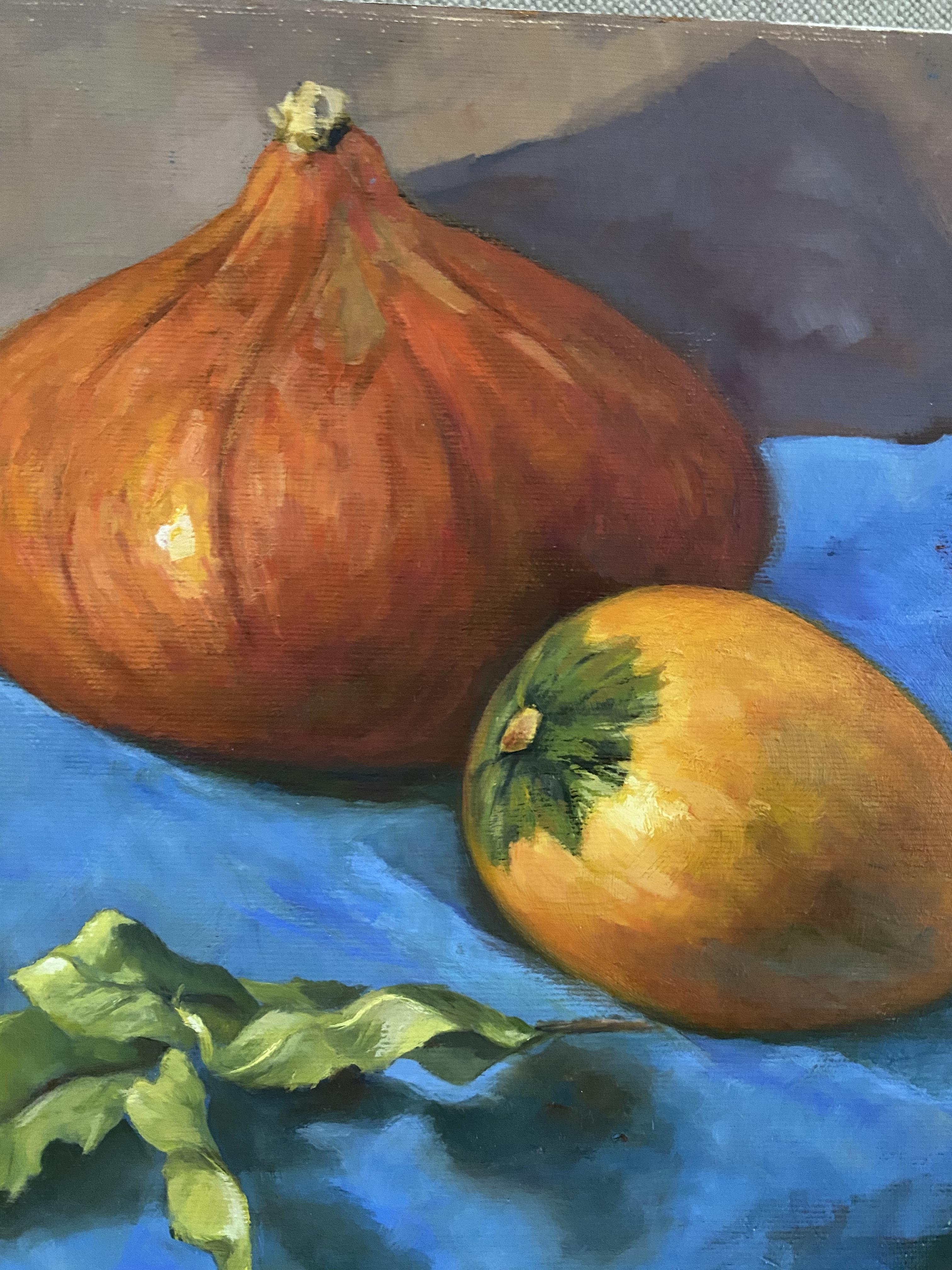 Stillleben mit Kürbissen Realismus fineart Herbst Öl auf Leinwand Studio Original (Grau), Still-Life Painting, von Elena Bulatova