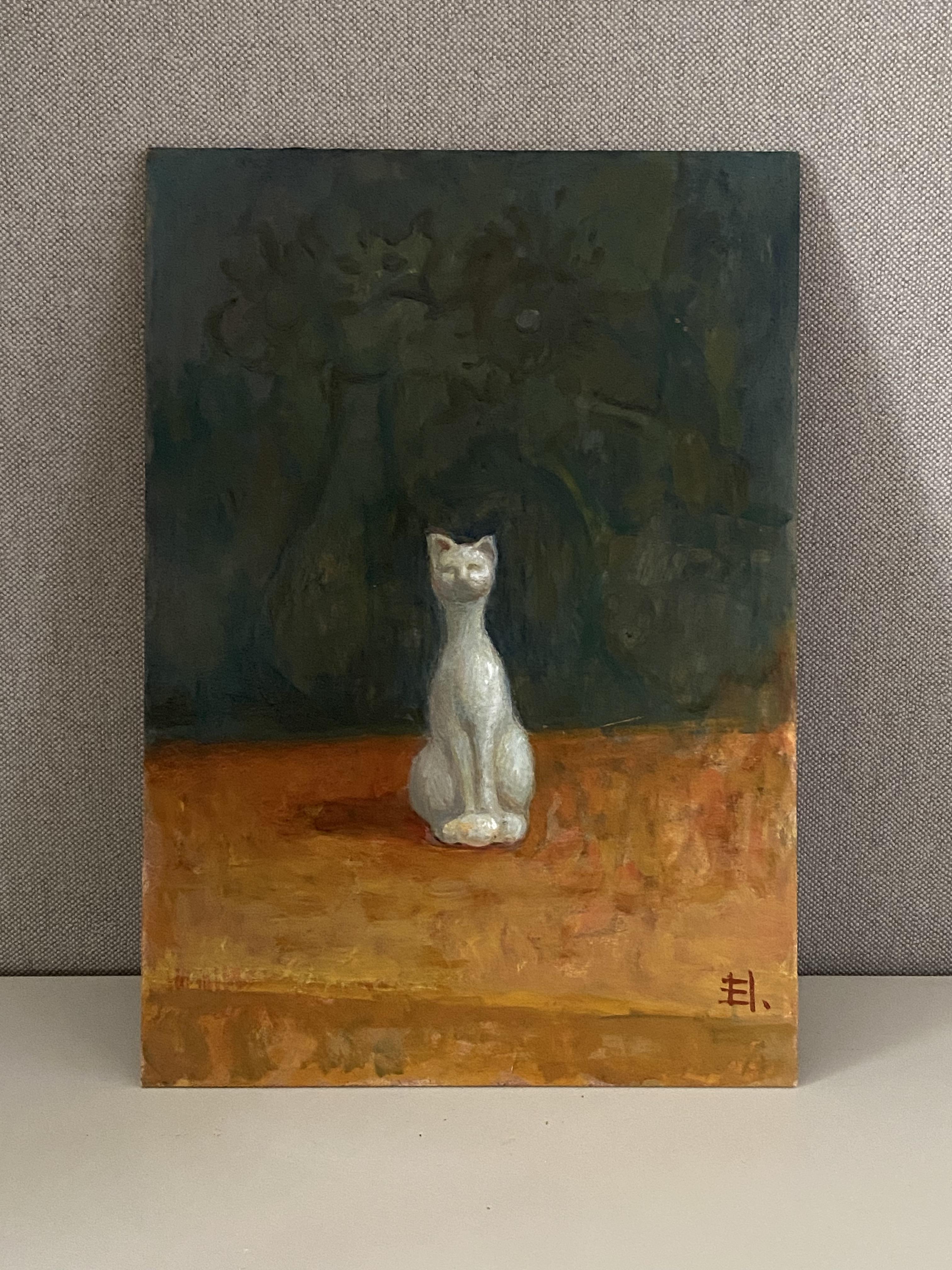 Stilleben mit weißer Katze Ölgemälde original feine Kunst Realismus poetische Kunstwerk – Painting von Elena Bulatova