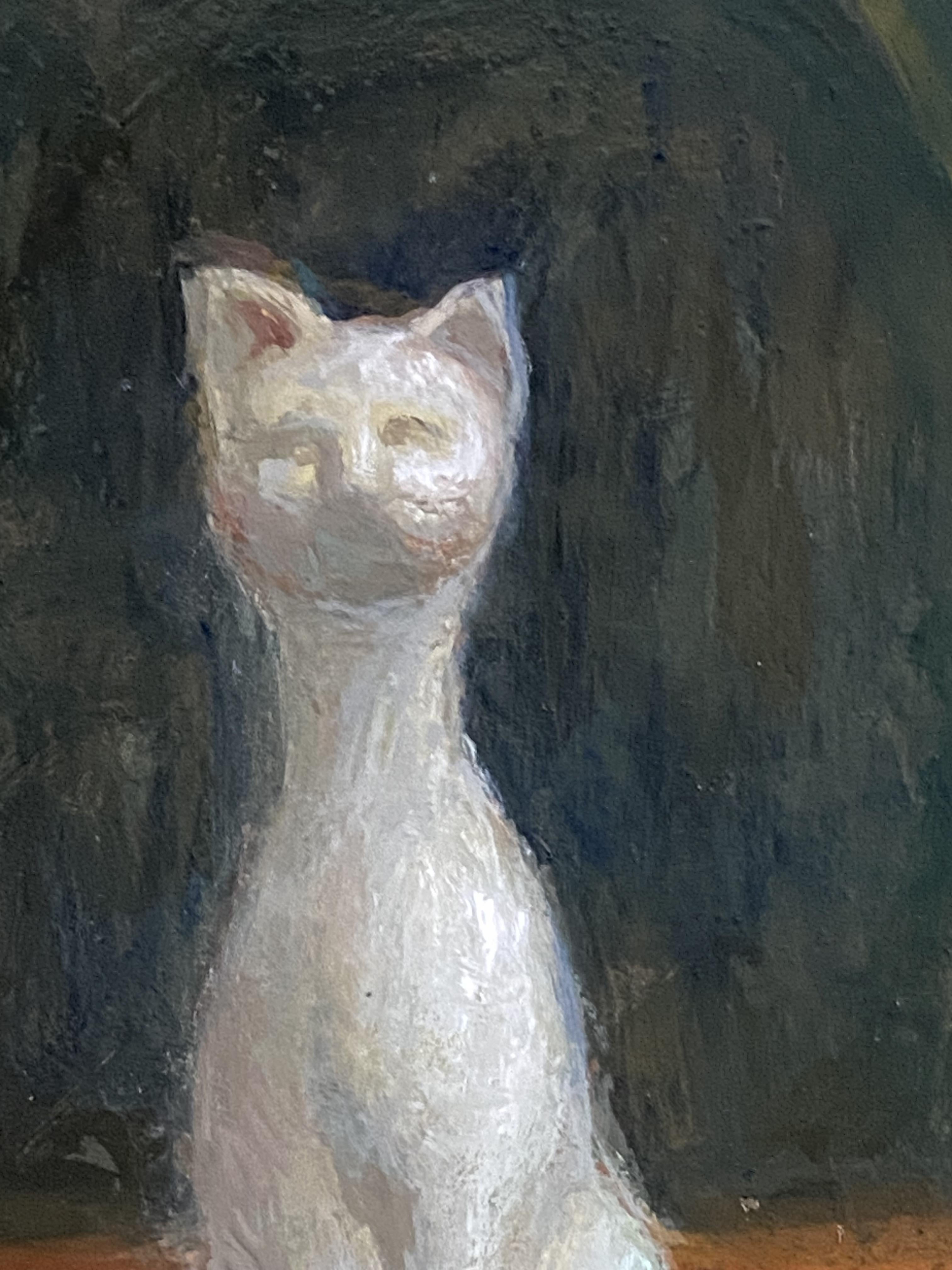 Stilleben mit weißer Katze Ölgemälde original feine Kunst Realismus poetische Kunstwerk (Braun), Still-Life Painting, von Elena Bulatova