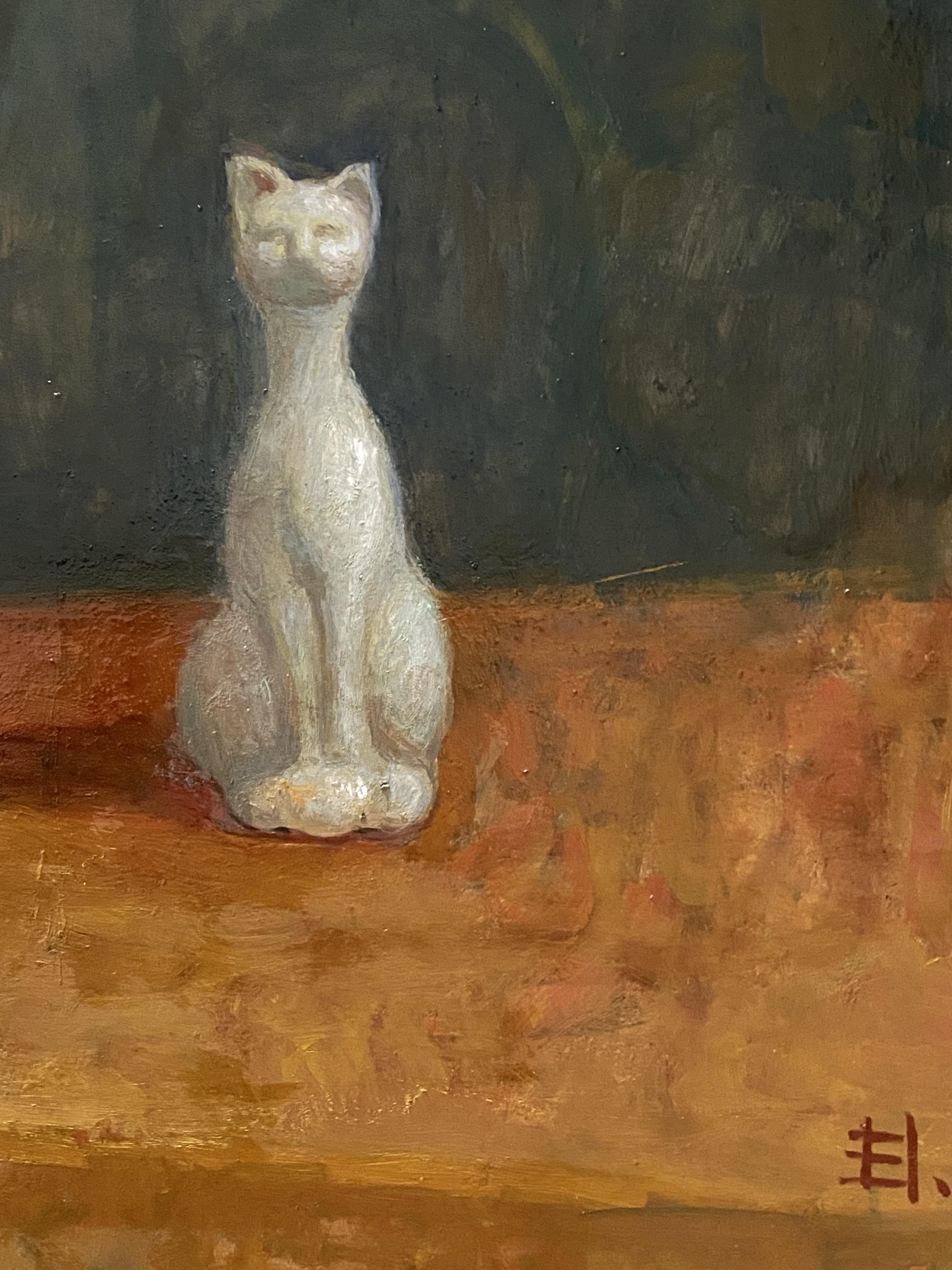 Stilleben mit weißer Katze Ölgemälde original feine Kunst Realismus poetische Kunstwerk im Angebot 1