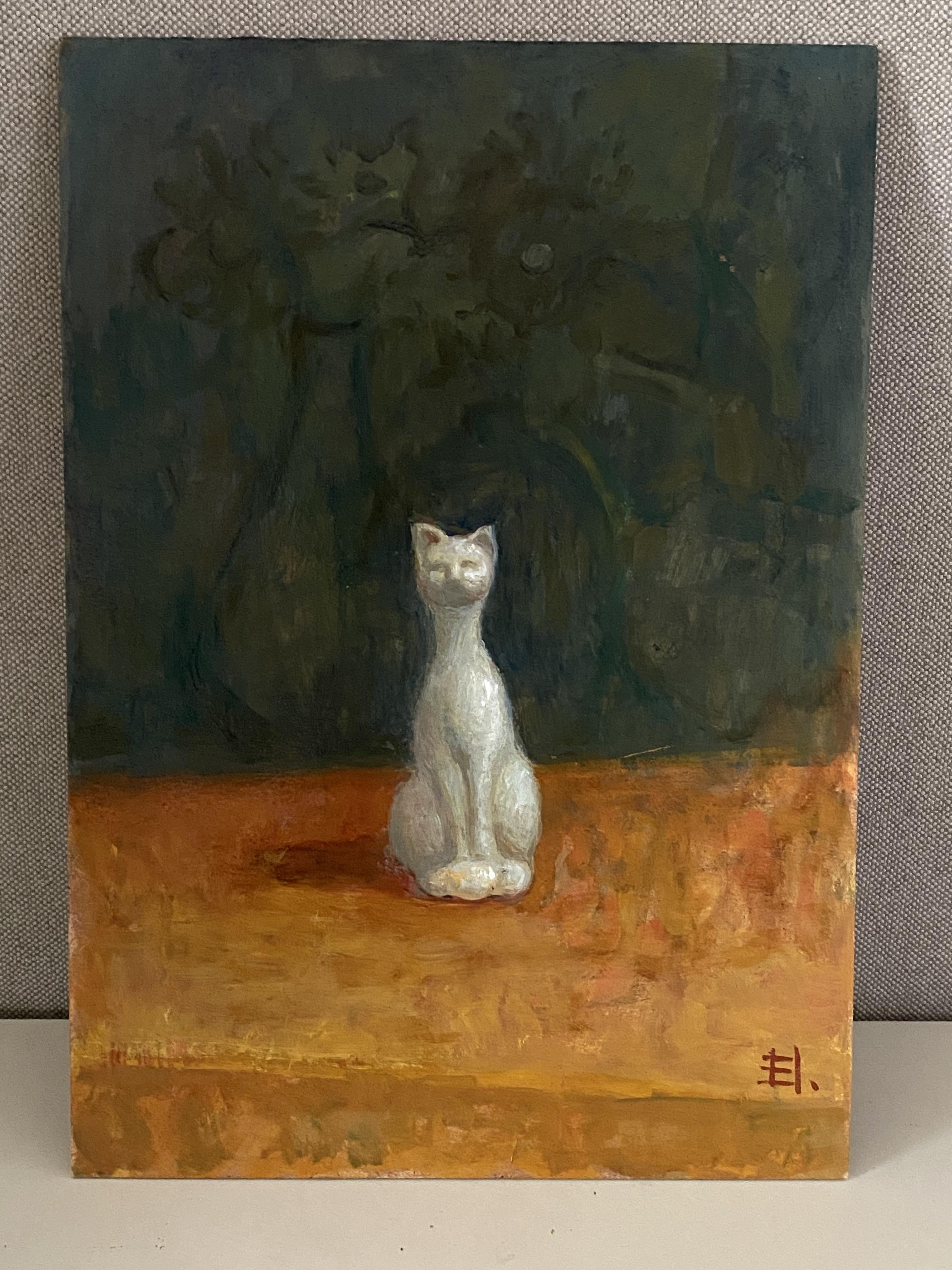 Stilleben mit weißer Katze Ölgemälde original feine Kunst Realismus poetische Kunstwerk im Angebot 2
