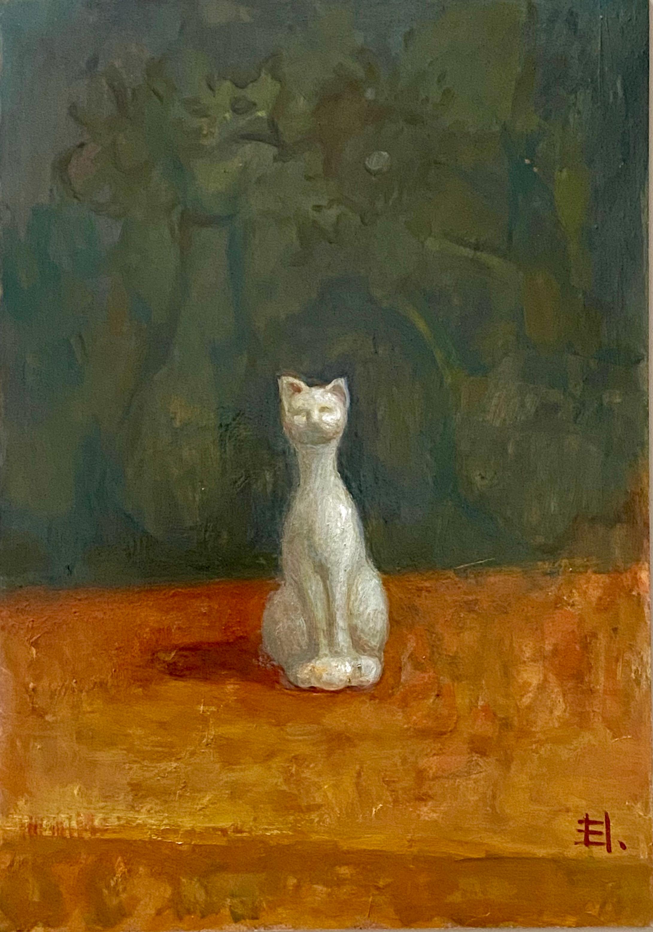 Stilleben mit weißer Katze Ölgemälde original feine Kunst Realismus poetische Kunstwerk