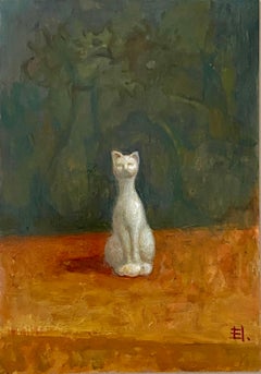 Bodegón con Gato Blanco pintura al óleo obra de arte original realismo poético