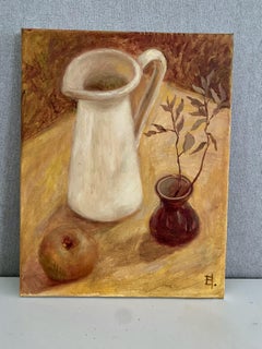 Still Life with White Pitcher and Apple. Warm earthy palette, impressionist art