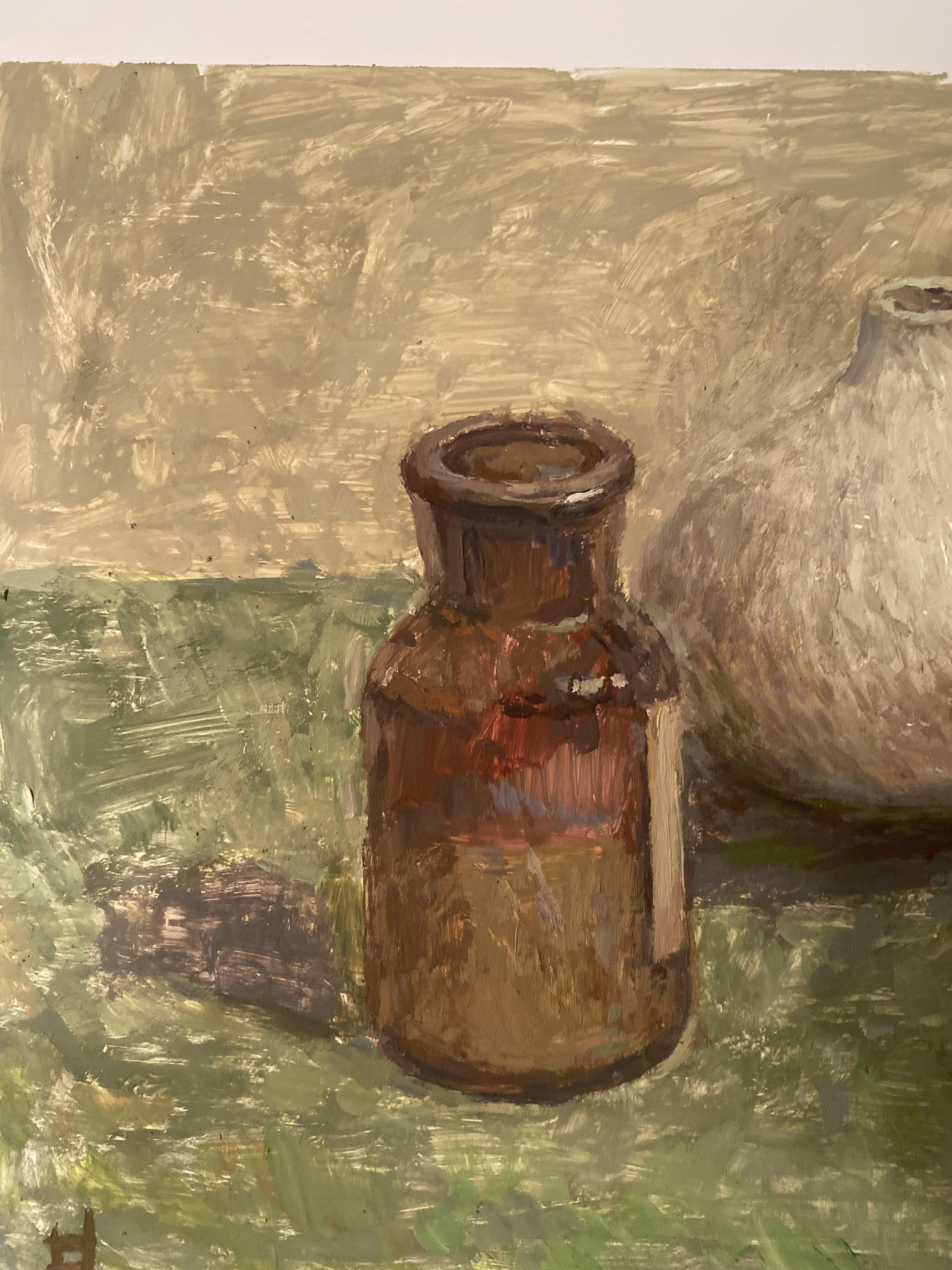 The Weight of Simple Things” is a quiet, observational still life executed in oil on paper. The artist works with a tactile, impressionistic technique, using layered, textured brushstrokes that give each object a sense of physical presence. Painted