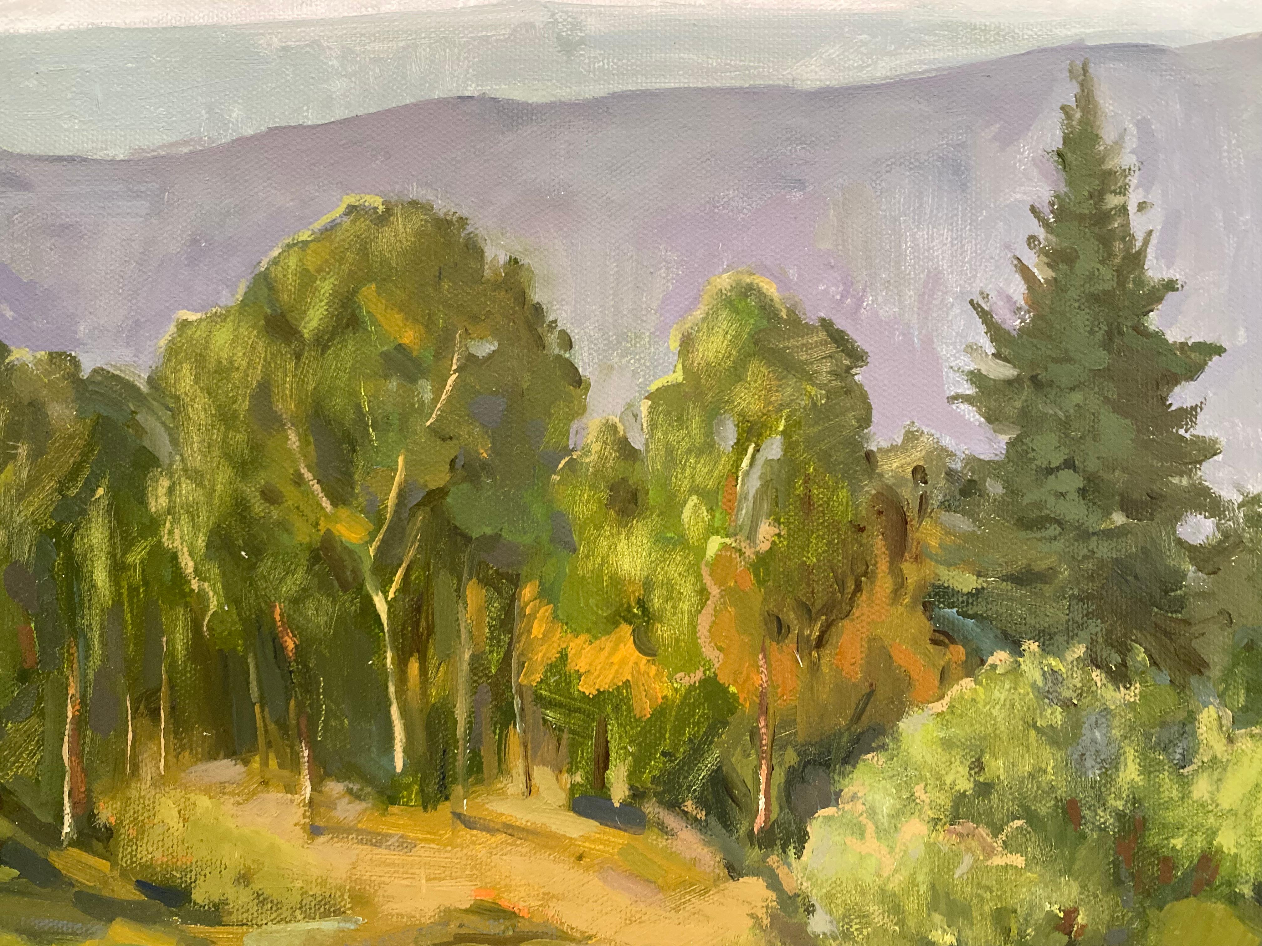 This painting captures a quiet moment in the countryside, where a simple house with a red roof stands at the edge of a clearing. Behind it, the forest rises in rich greens, full of shifting light and shade. The distant hills fade into soft blue and