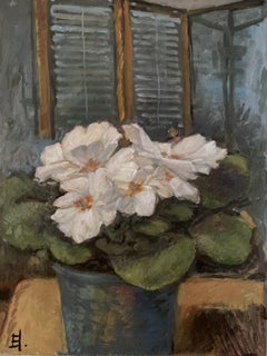 Violets in Morning Light. White flowers, oil painting, impressionist, floral art