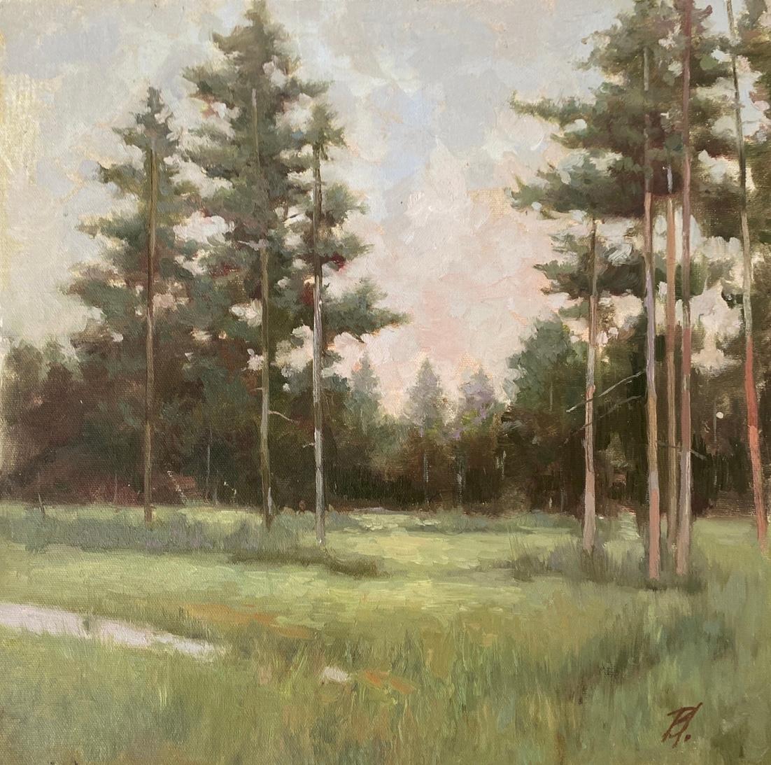 Landscape Painting Elena Bulatova - Where the Pines Whisper Peinture à l'huile originale sur toile, paysage avec forêt