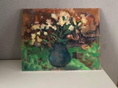 White Flowers in a Dark Vase, oil still life impressionism artwork, fine art
