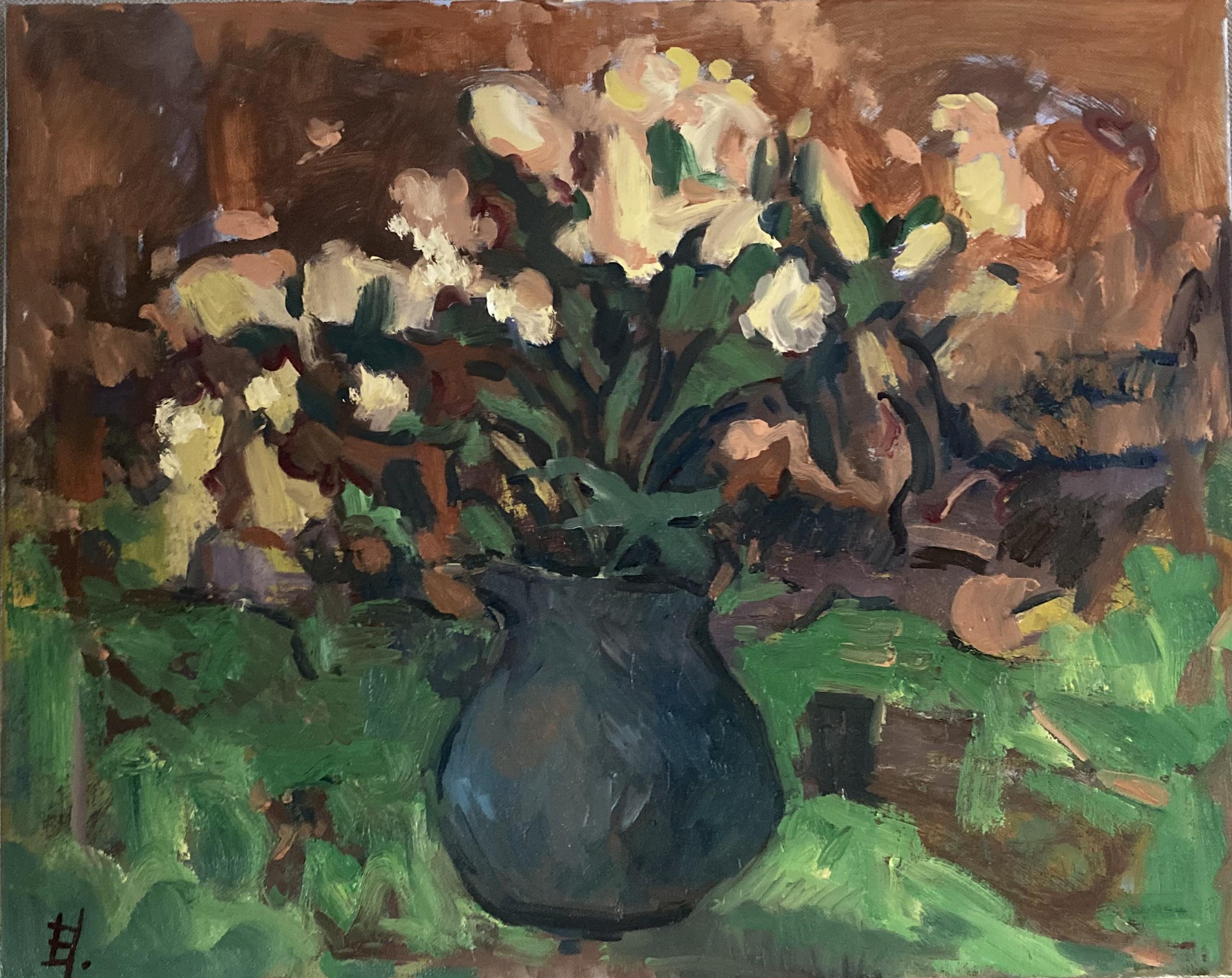 White Flowers in a Dark Vase, oil still life impressionism artwork, fine art