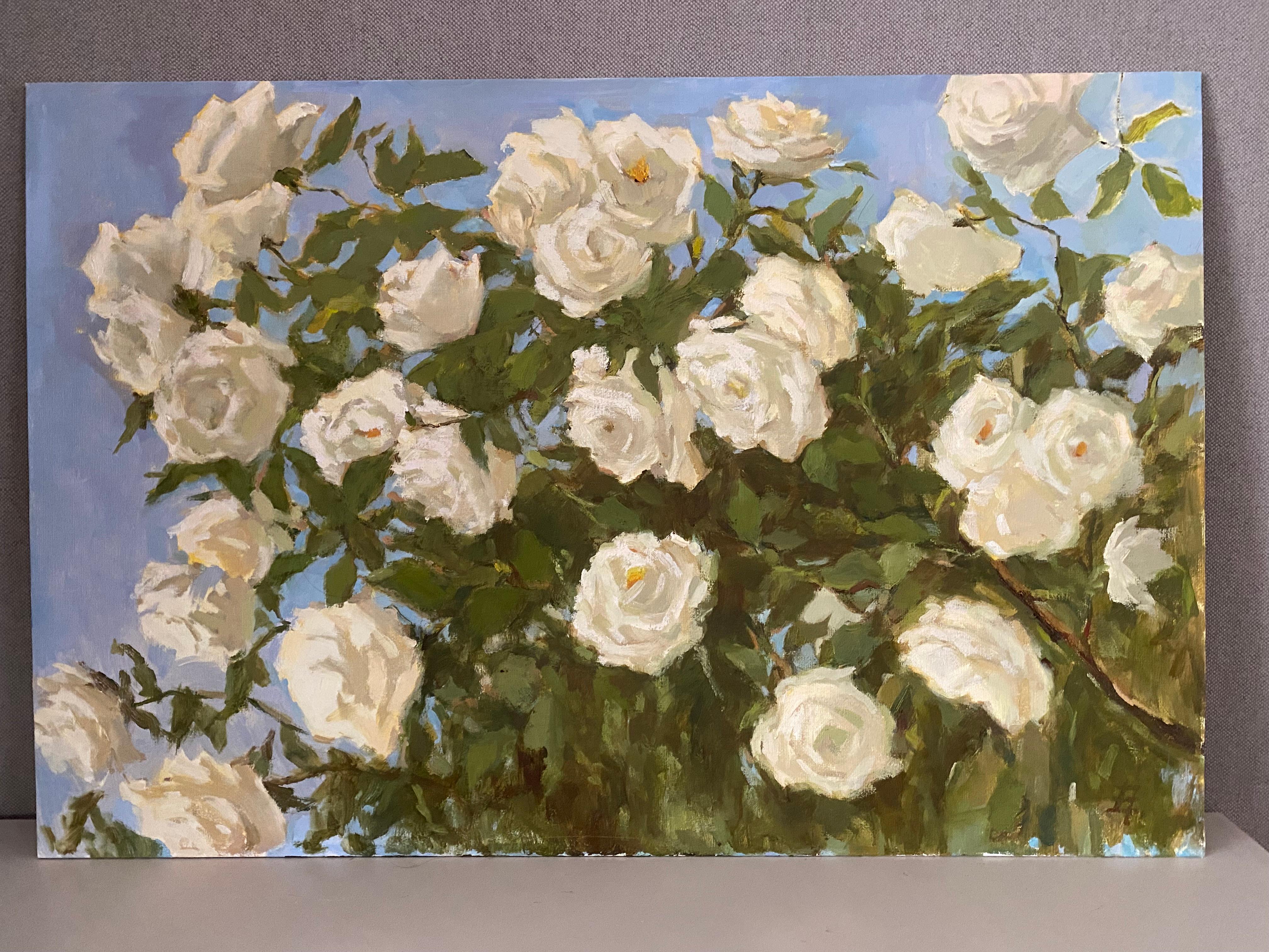 Rose bianche, klassische, fiori, orizzontale - Painting di Elena Bulatova