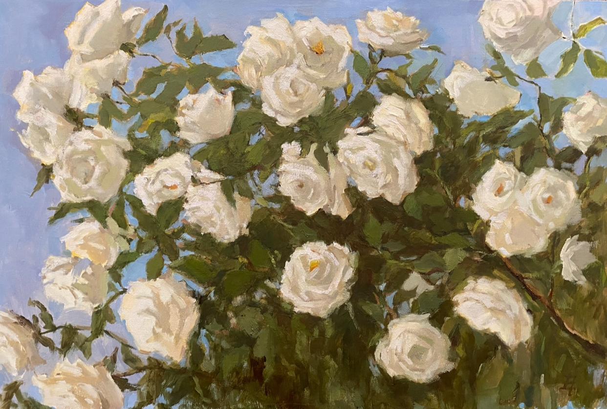 Figurative Painting di Elena Bulatova - Rose bianche, klassische, fiori, orizzontale