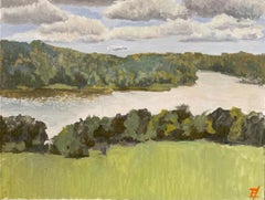 Rivière large, peinture de paysage, paysage impressionniste, beaux-arts contemporains