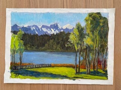 Paesaggio del Wildsee. Montagna, Nature, lago blu, pittura a olio impressionista del sole