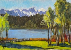 Paesaggio del Wildsee. Montagna, Nature, lago blu, pittura a olio impressionista del sole