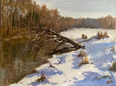 Serenidad invernal. Pintura al óleo, paisaje, horizontal, invierno