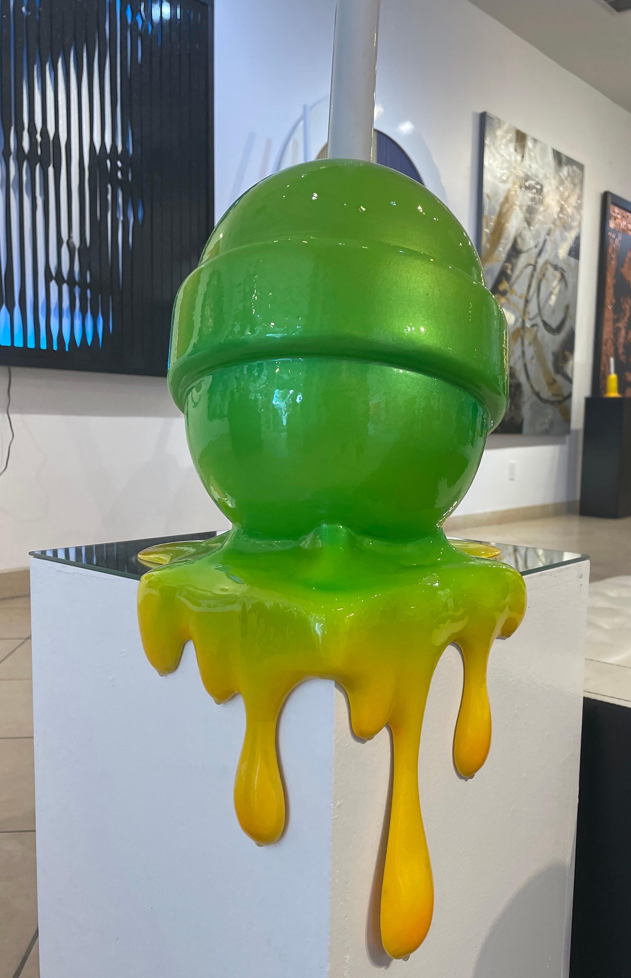Green/Yellow Corner Drip Lollipop - Pop Art Sculpture by Elena Bulatova