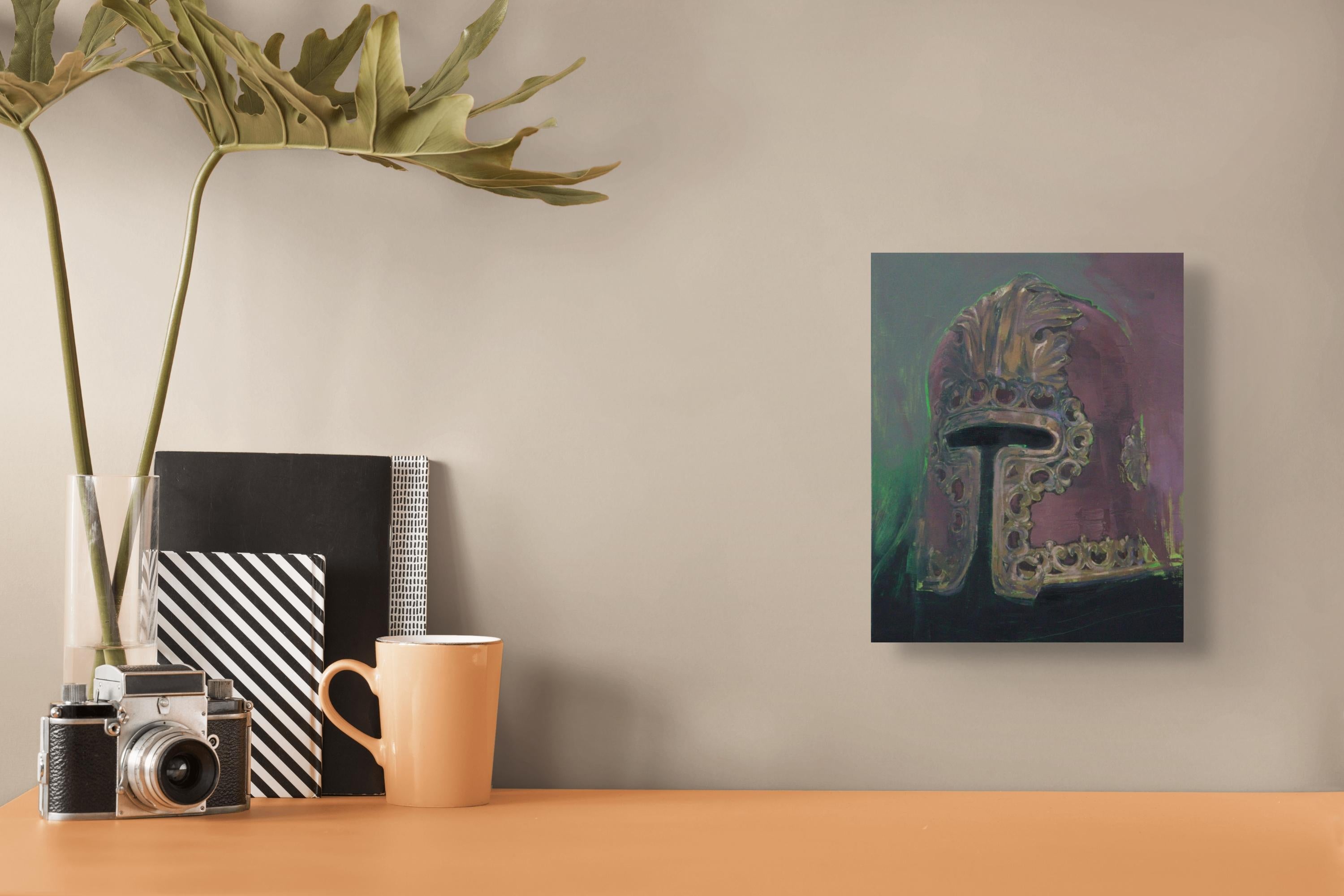 Alla Veniziana von Elena Burykina ist ein Ölgemälde auf Tafel mit den Maßen 10 x 8 x 1,50 Zoll, ungerahmt, aber bereit zum Aufhängen. Das Gemälde stellt einen verzierten Barbutenhelm aus dem Mailand des 15. Jahrhunderts in der opulenten