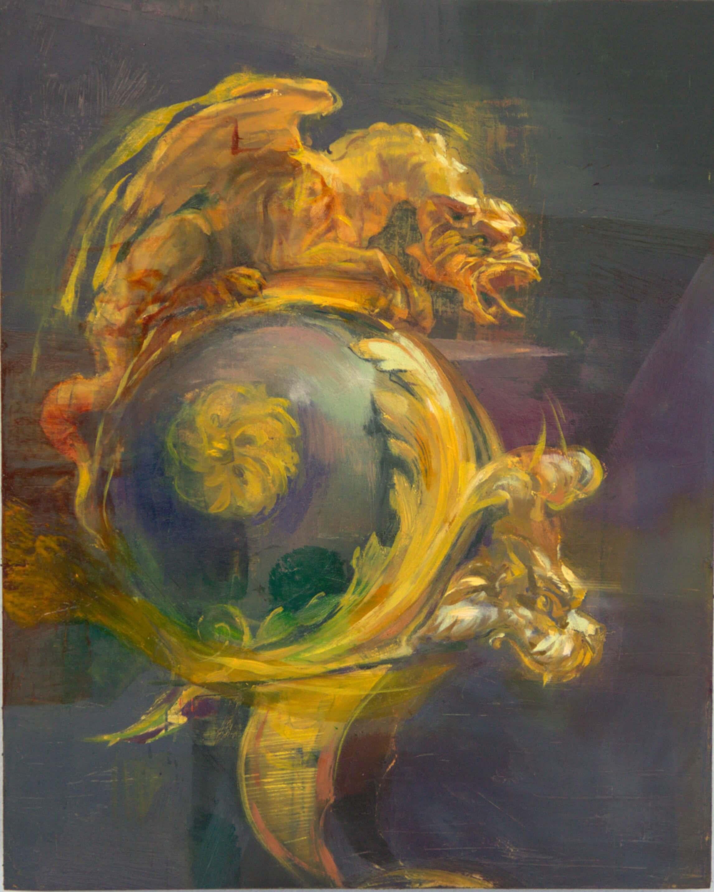 Elena Burykina Still-Life Painting – "Kreis des Feuers" (2025) Stillleben einer mittelalterlichen Rüstung, Ölgemälde
