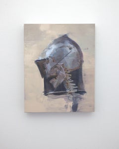 "Don't Panic" (2025) Natura morta di armatura medievale, pittura a olio