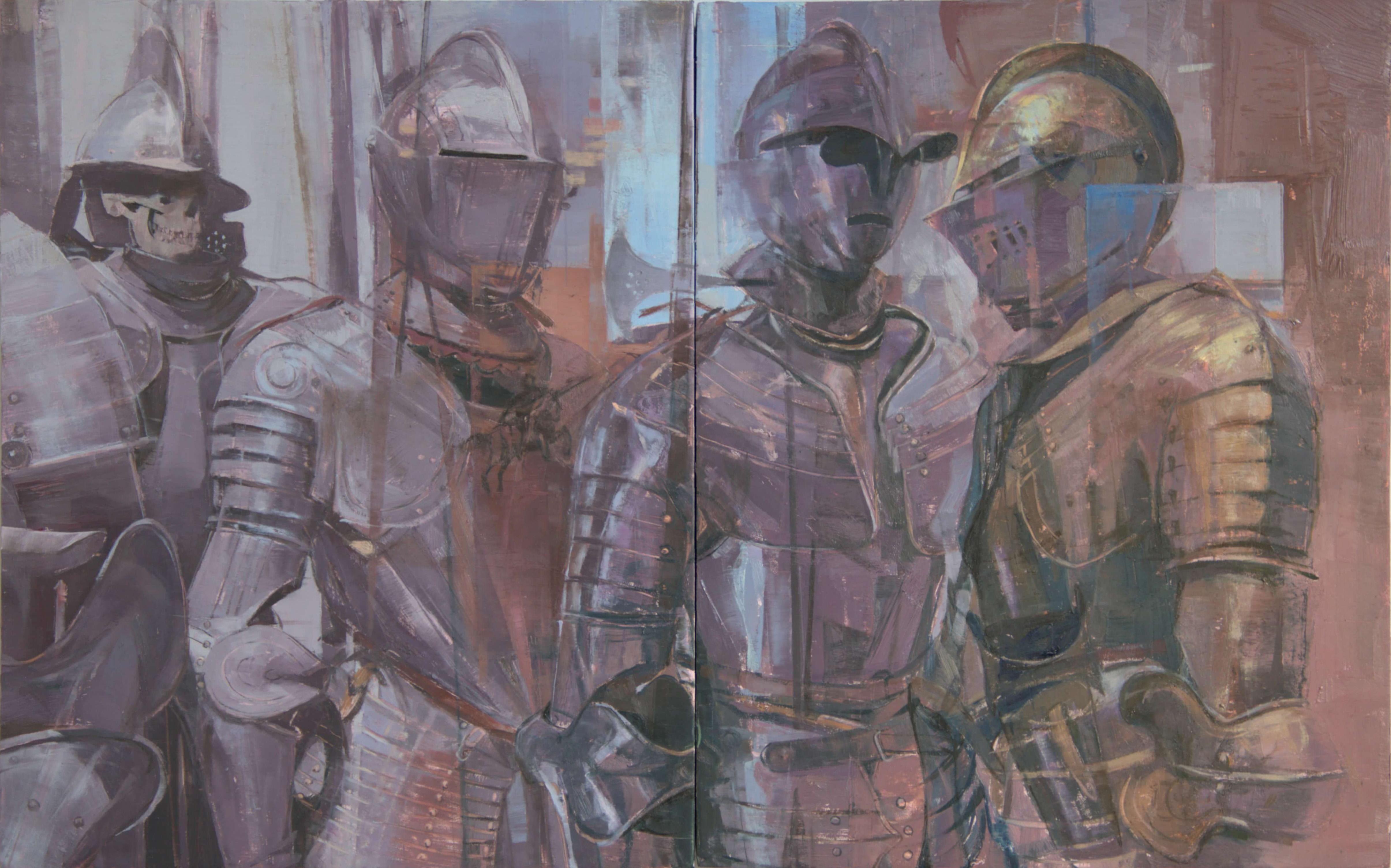 Elena Burykina Still-Life Painting – "Parley (Diptychon)" (2025) Stillleben einer mittelalterlichen Rüstung, Ölgemälde
