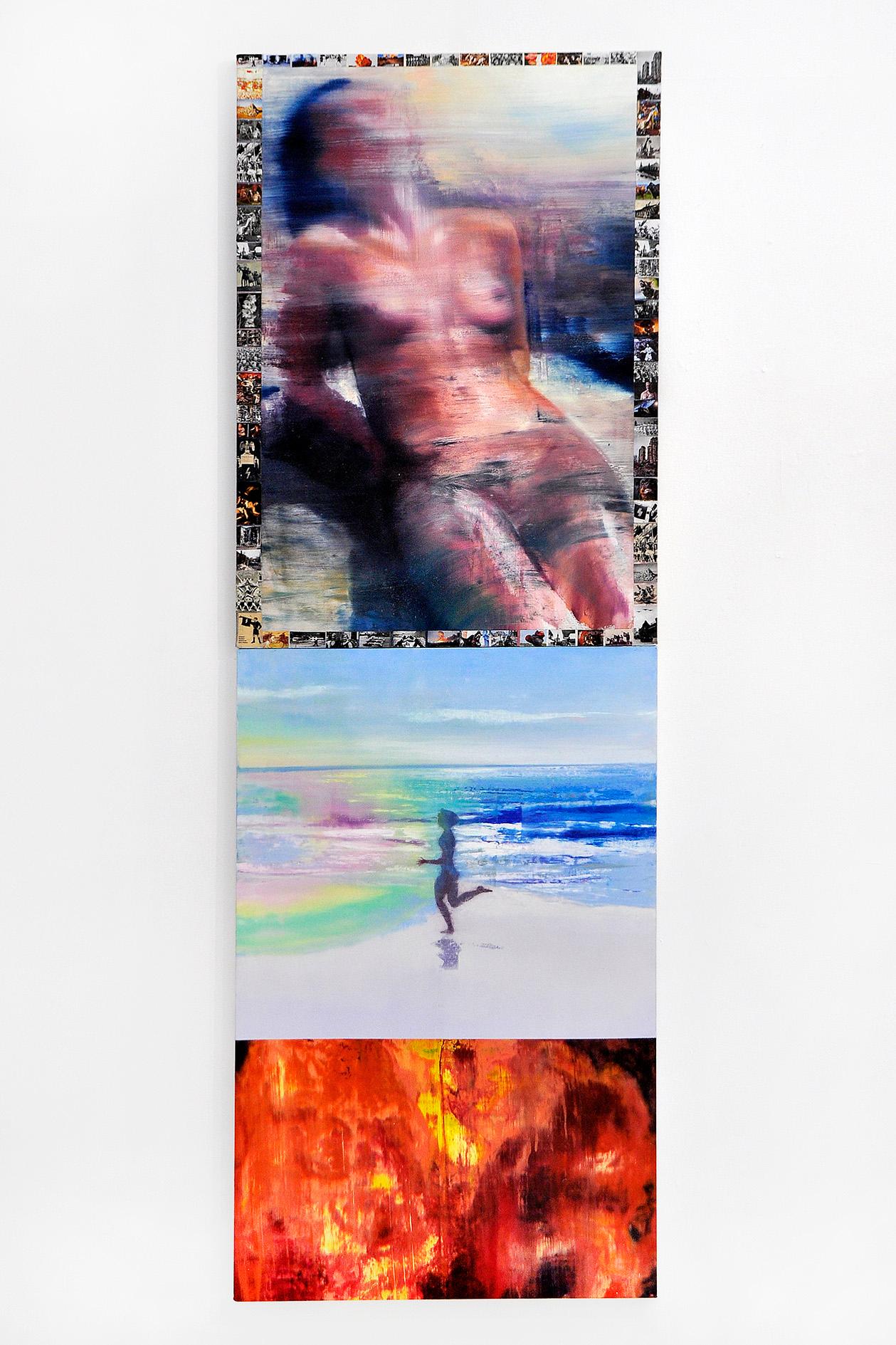 „Fire“ Figuratives Gemälde, Akt, Strand, Feuer, Multimedia, Ölgemälde – Painting von  Elena Chestnykh