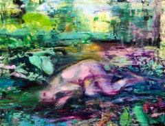 "Down the River" Painting, Oil on Canvas, Nude, Figurative, Bright Colors