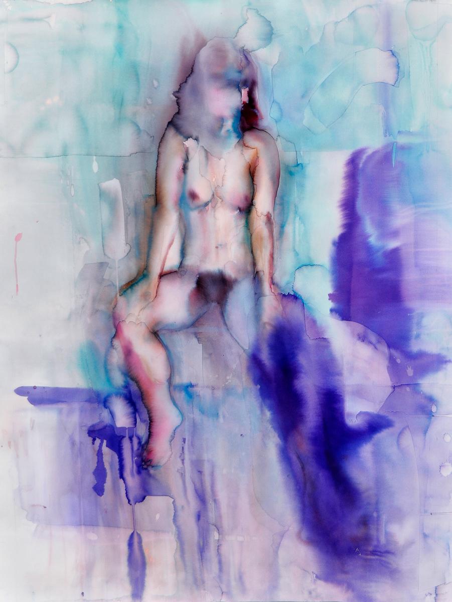 Elena Chestnykh Figurative Art - "Lilac Mist" Painting, Ink and Watercolor, Figurative, Cool Tones, Framed