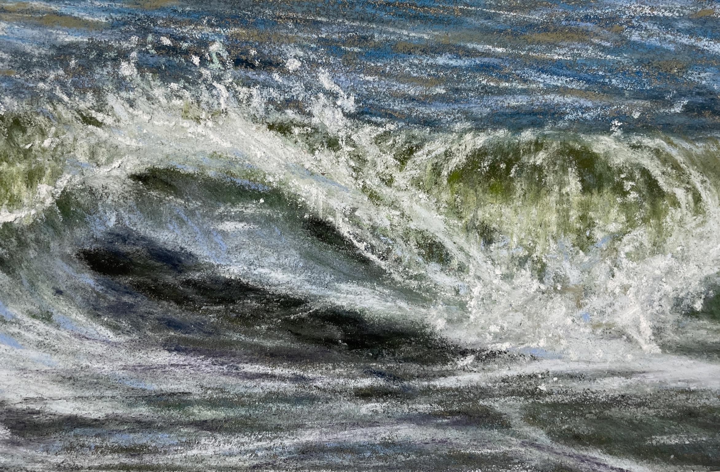 Elena Degenhardt's "Ocean I" is a poignant representation of the relentless and eternal spirit of the sea. Crafted in 2022, this exquisite original artwork measures 4 x 6 inches, rendered in soft pastel on paper, and comes elegantly framed in a