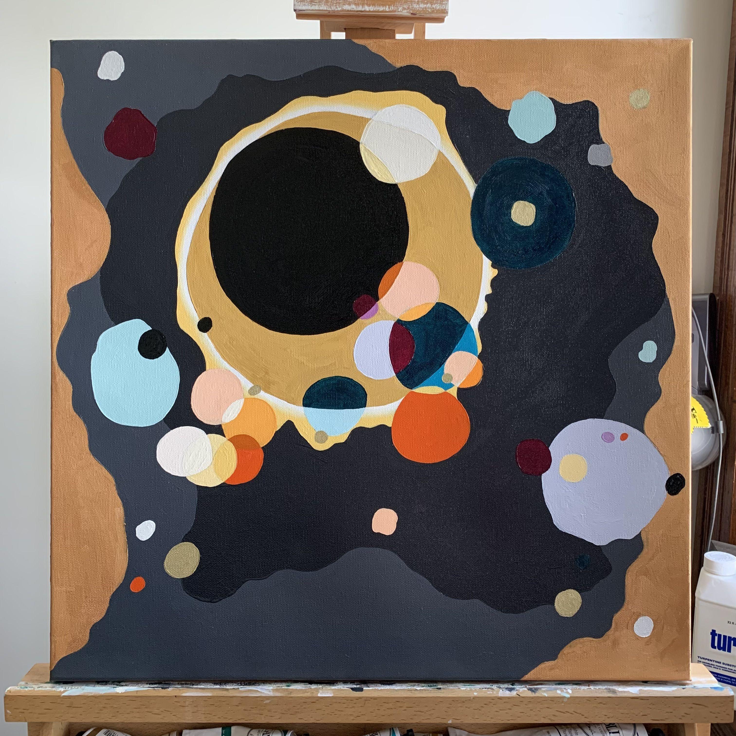 2022 / 24 x 30 / Oil on canvas    This piece is modeled after the original oil on canvas painting by Wassily Kandinsky.    A great cosmic order is formed by precisely placed circles in the original. These shapes become amorphous in my version,