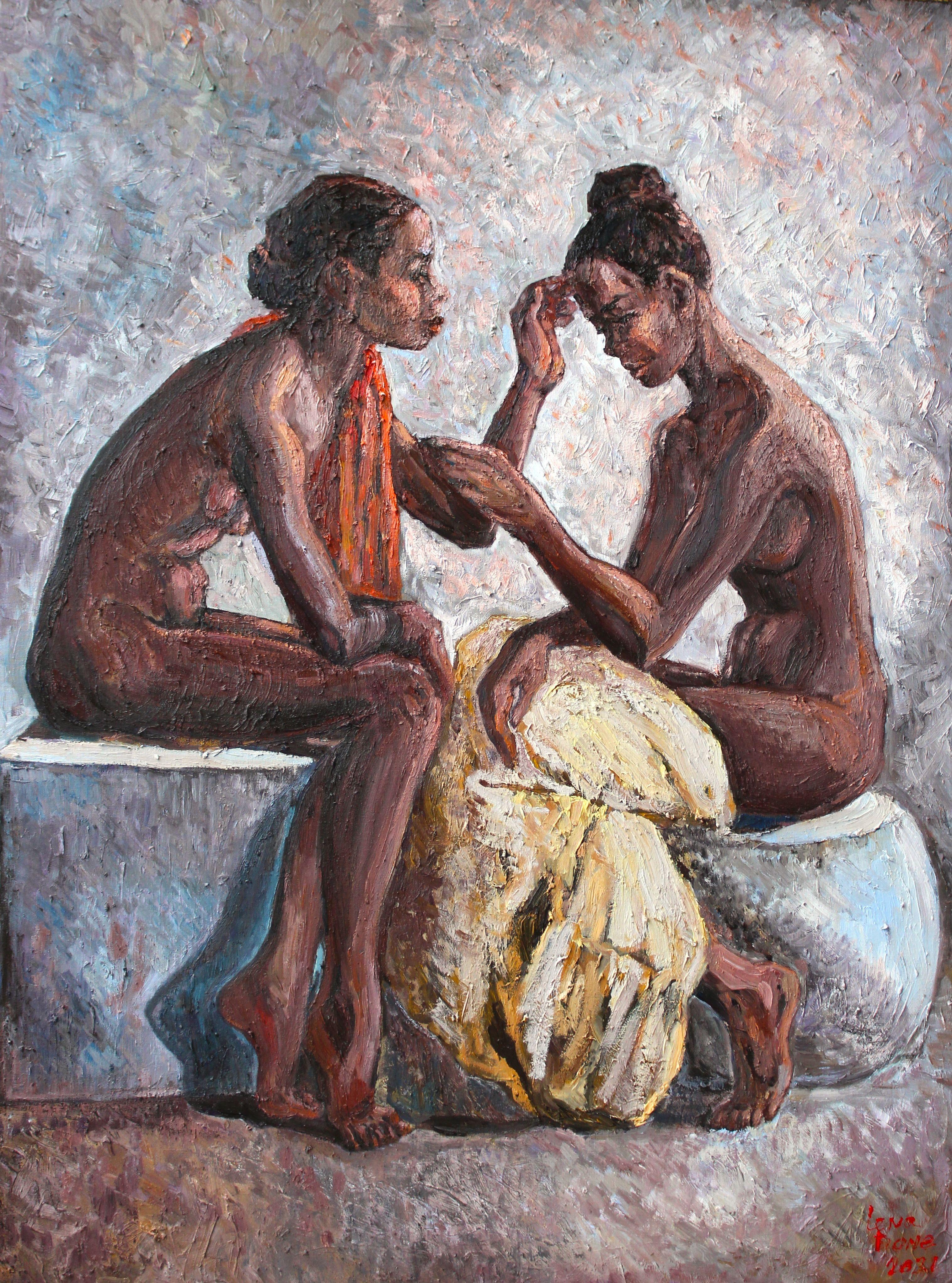 Peinture, huile sur toile Black Beauties III (Sœurs), - Painting de Elena Done