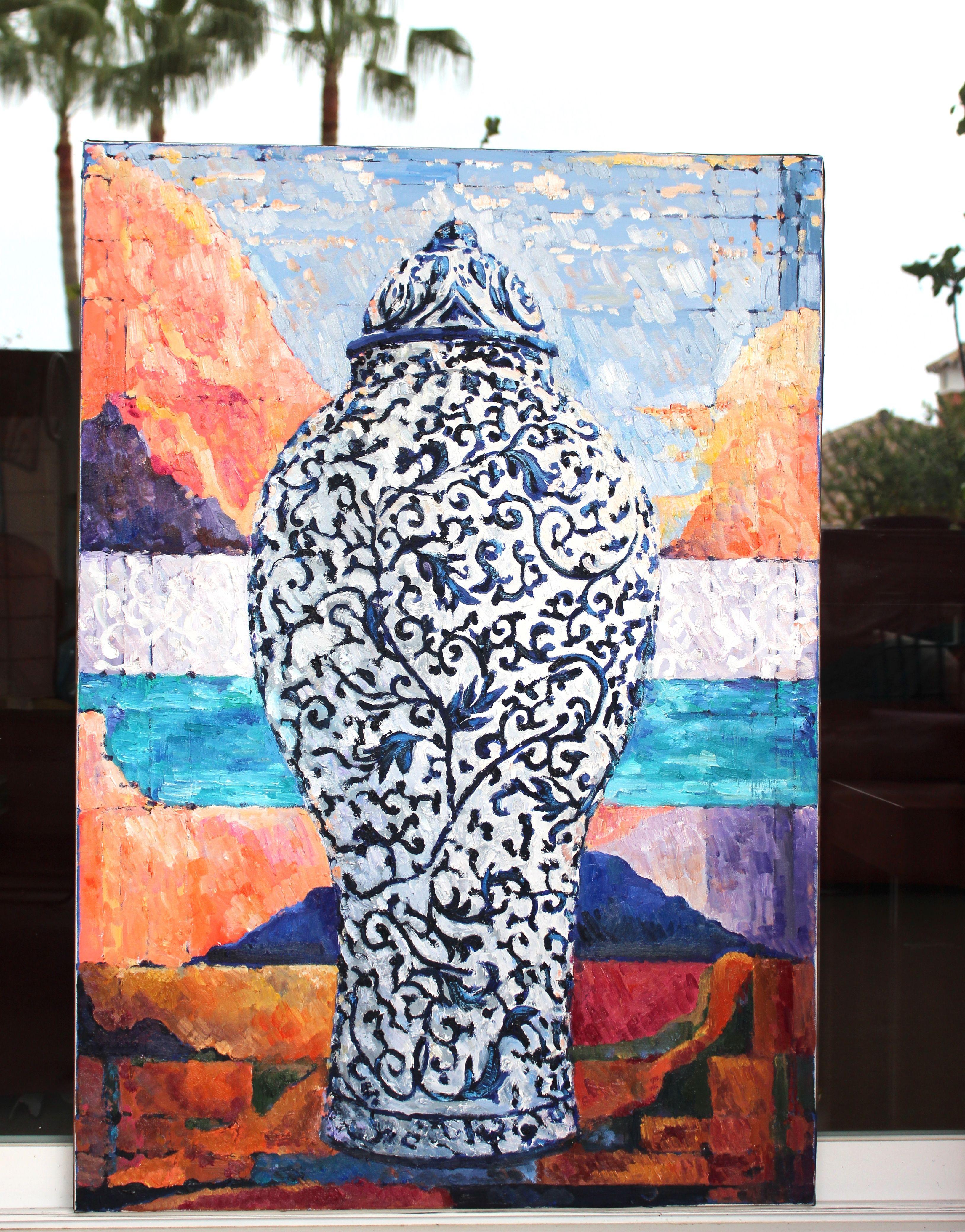 In questo dipinto a olio, il mio pennello ha danzato con passione con i colori e le texture, creando un'interazione tra il tangibile e l'etereo. Gli intricati motivi simbolici della figura sono un ponte tra la realtà e il metafisico, evocando un