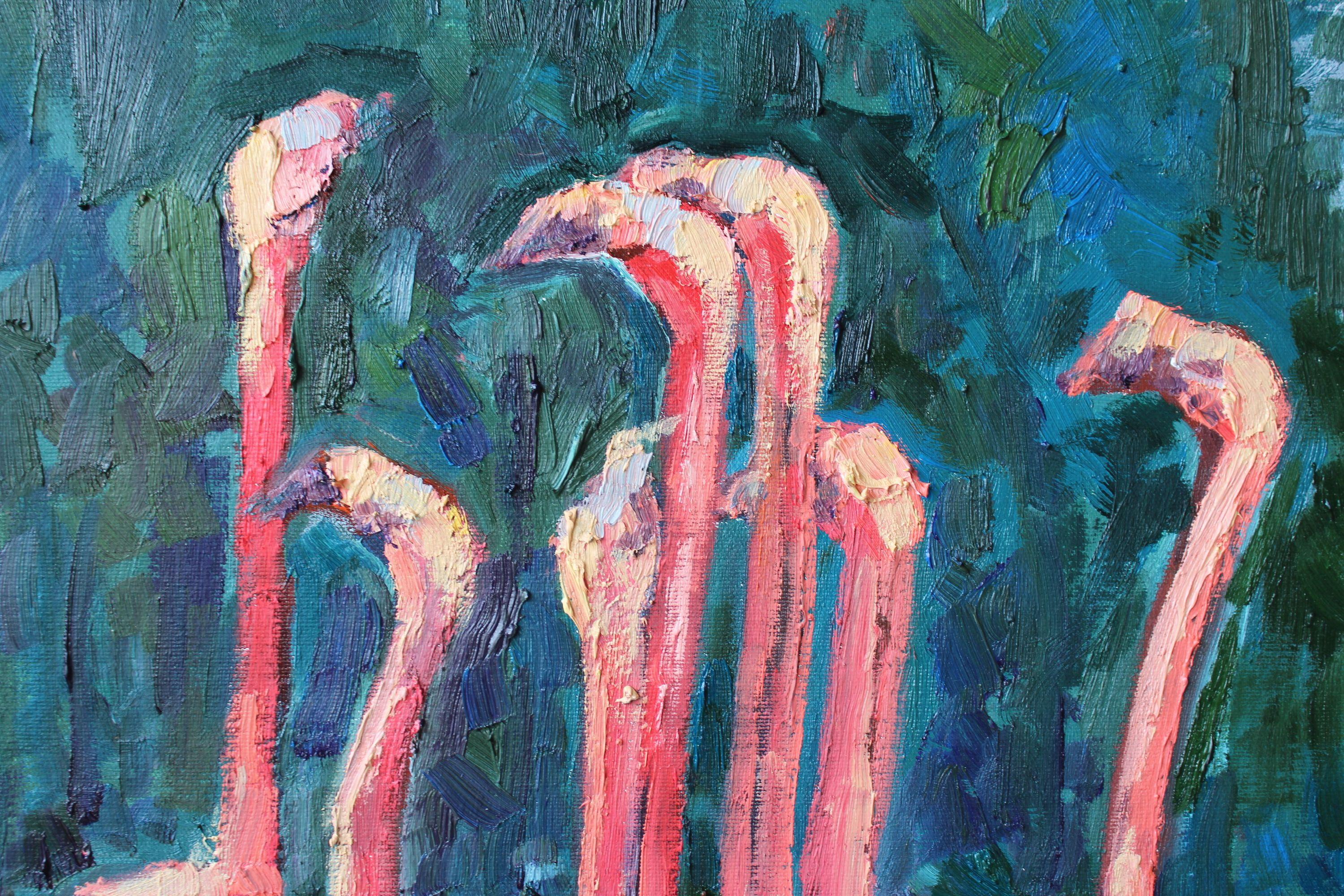Pink Flamingoes in a small lake in Costa-del-Sol :: Painting :: Contemporary :: This piece comes with an official certificate of authenticity signed by the artist :: Ready to Hang: Yes :: Signed: Yes :: Signature Location: bottom right :: Canvas ::