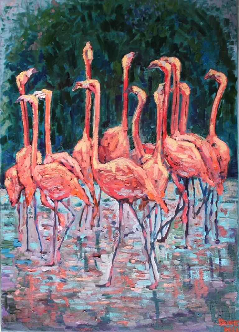 Fenicotteri, Pittura, Olio su tela - Painting di Elena Done