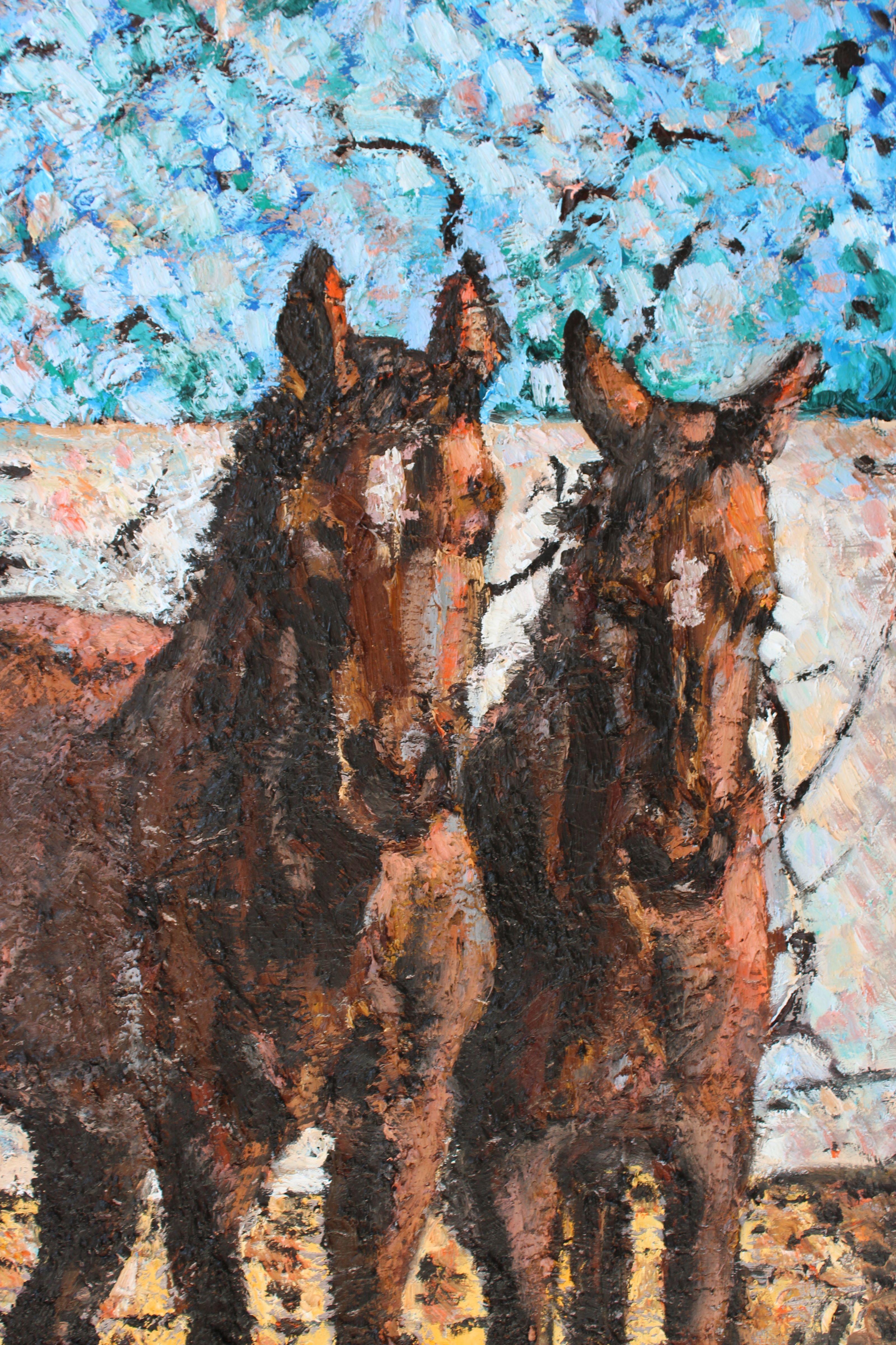 Das Porträt von zwei Pferden auf der Koppel in der Nähe der Playa -del-Sol , Villacana, Estepona, Malaga. Ich glaube, sie sind Brüder, zumindest verhalten sie sich wie Brüder.  Das Gemälde entpuppte sich als sehr dekorativ, eher als Paisage oder