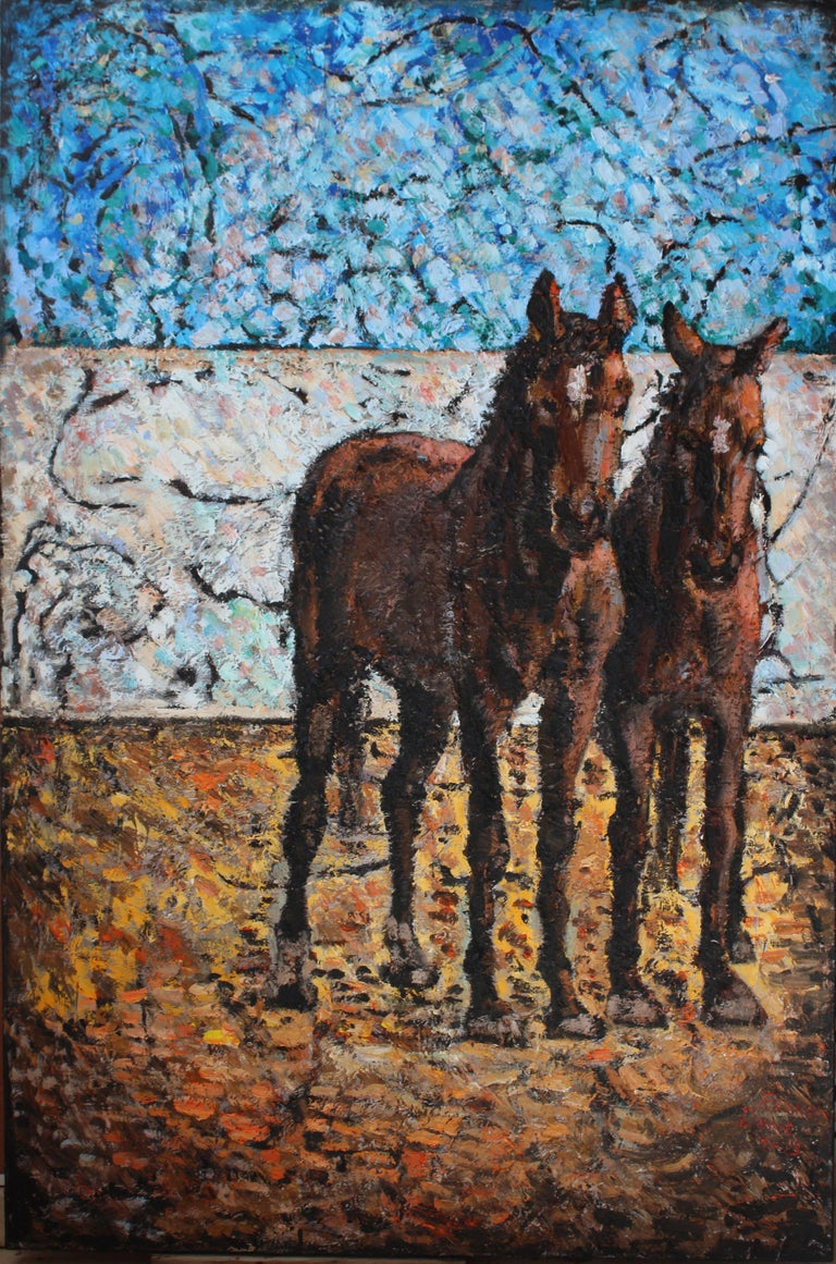 The portrait of two horses in paddock near the Playa -del-Sol , Villacana, Estepona, Malaga. I think they are brothers, at least they behave as brothers.  The painting turned out to be very decorative, rather that paisage or portrairs, or escuine