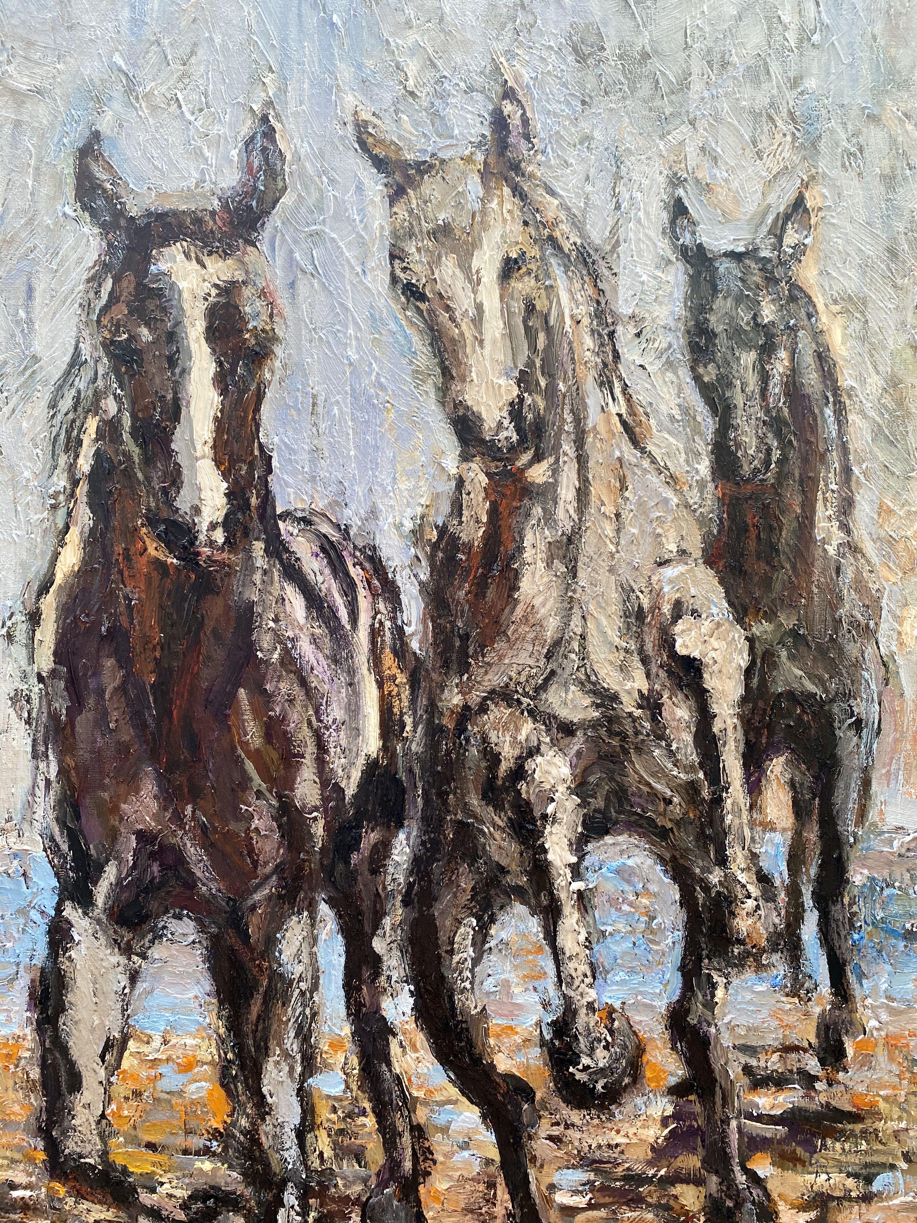 Pferde am Strand, Gemälde, Öl auf Leinwand im Angebot 1