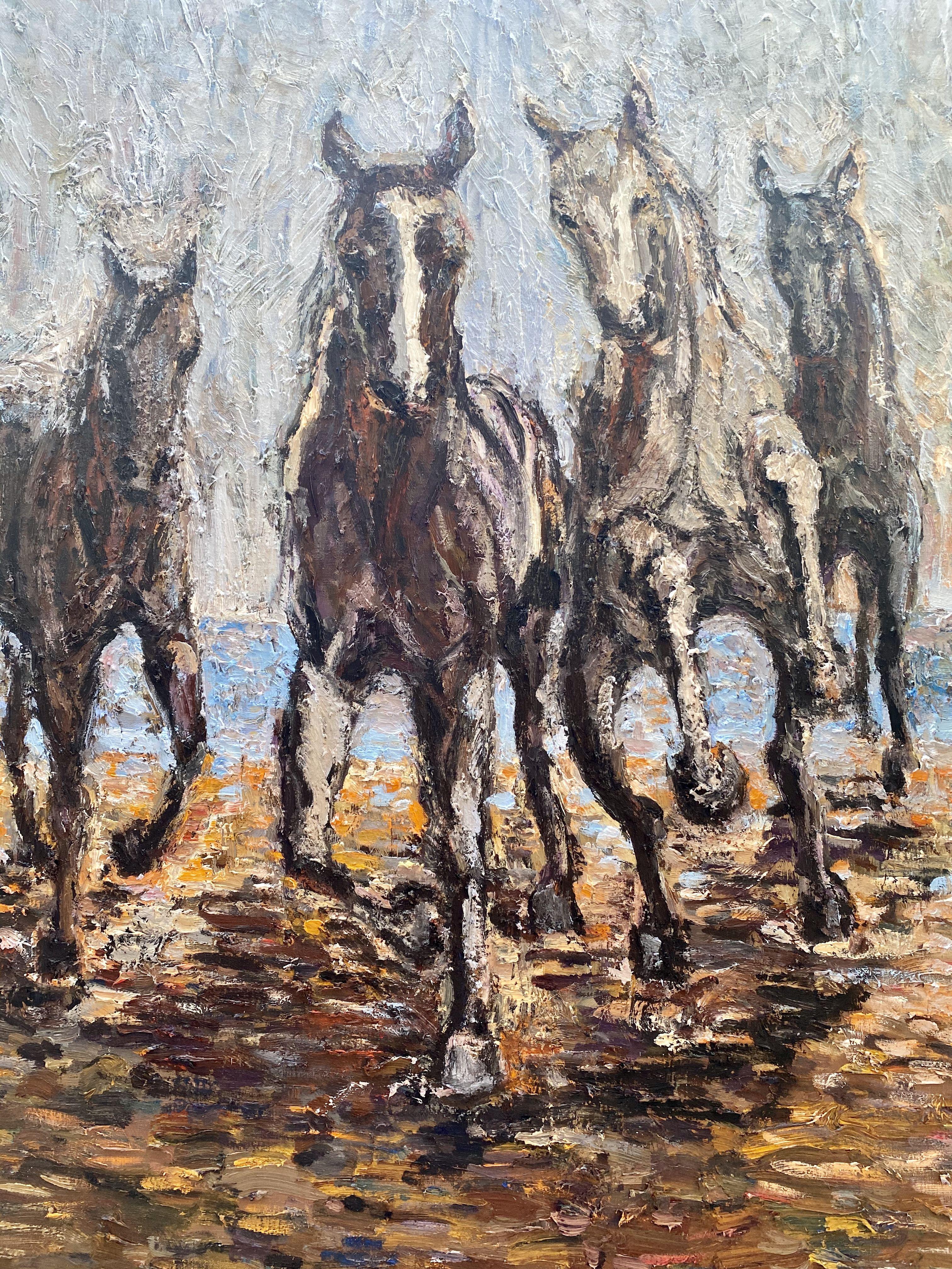 Pferde am Strand, Gemälde, Öl auf Leinwand im Angebot 3
