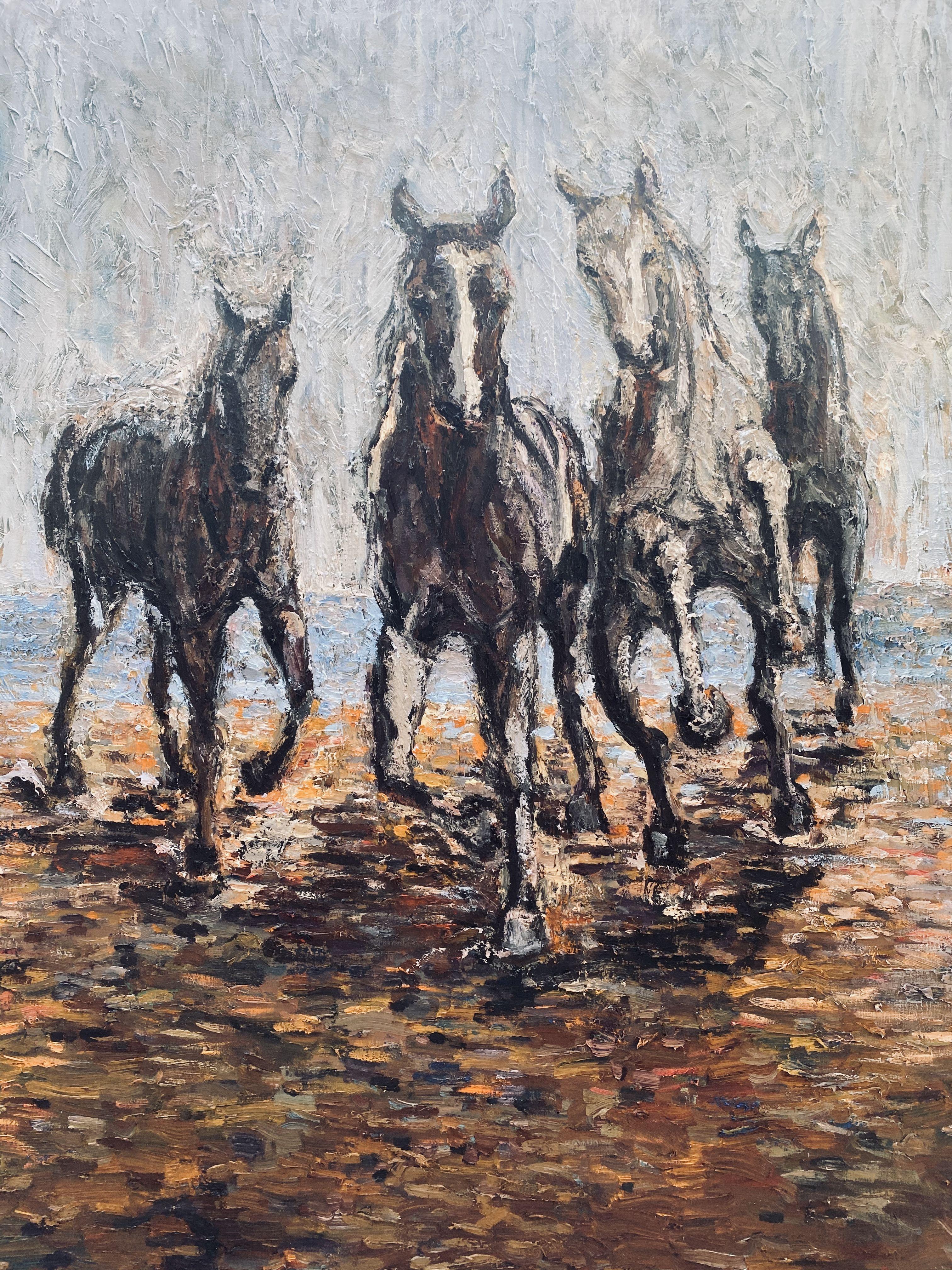 Pferde am Strand, Gemälde, Öl auf Leinwand – Painting von Elena Done