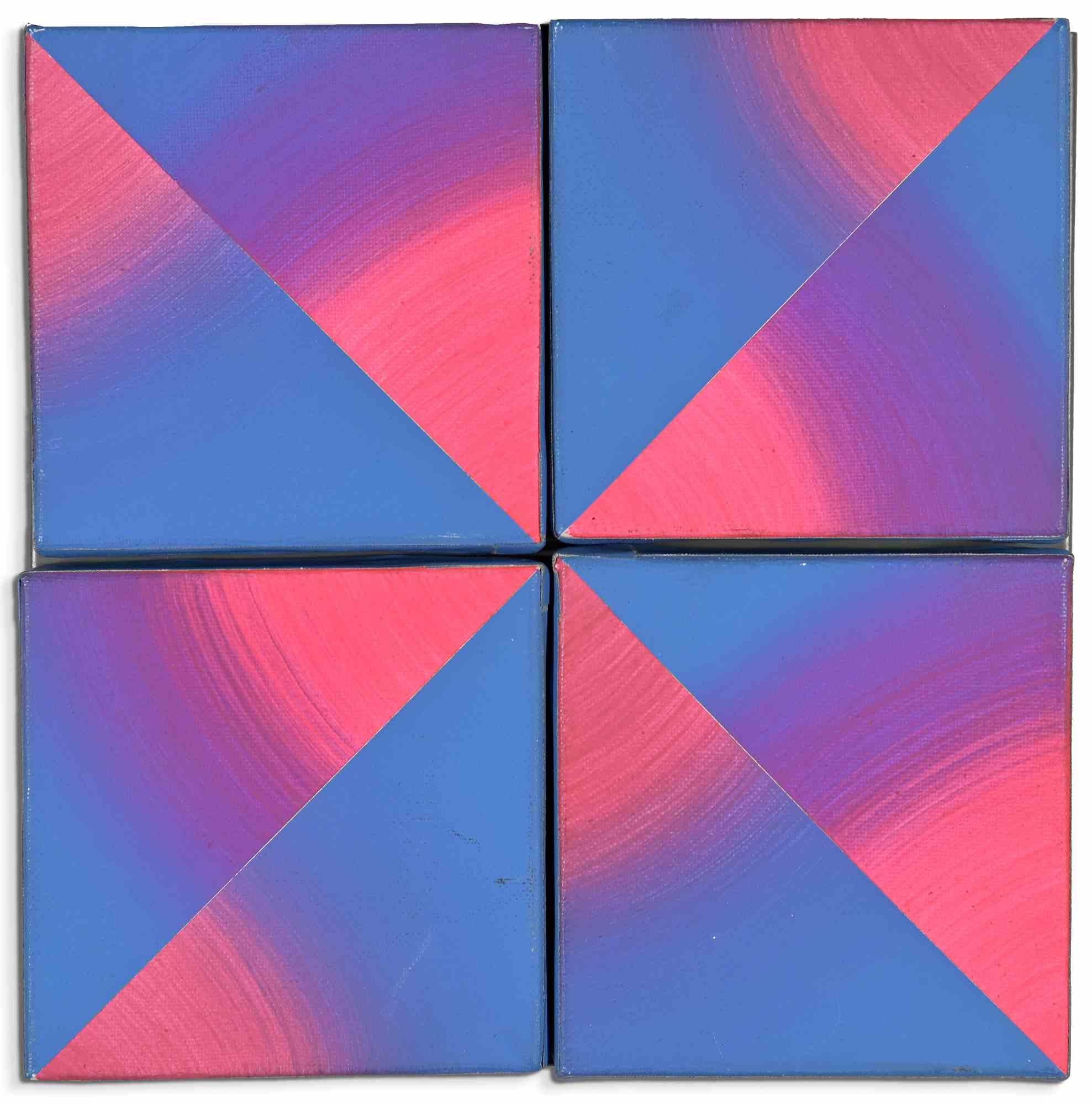Elena Fia Fozzer, Irradiant Chromosectorial.

Acrylics on four canvases applied and positioned with magnets on a metal panel, 1989.

Signature on the back of each canvas

Artist's signature, date and label on the back of the panel

Arte Struktura